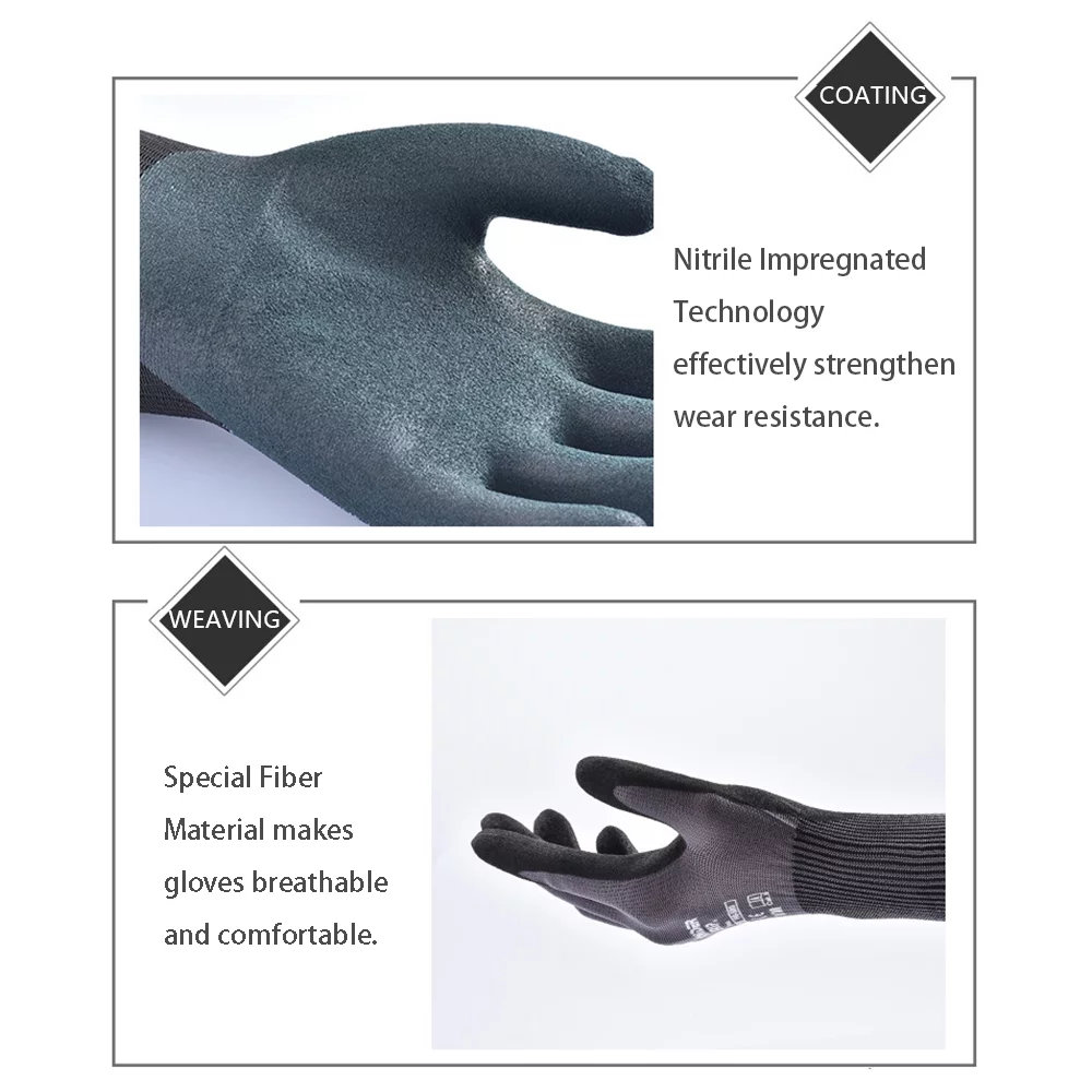 1-Pair Nitrile Impregnated Work Gloves Safety Gloves for Gardening Maintenance Warehouse for Men and Women (Black Gray L)