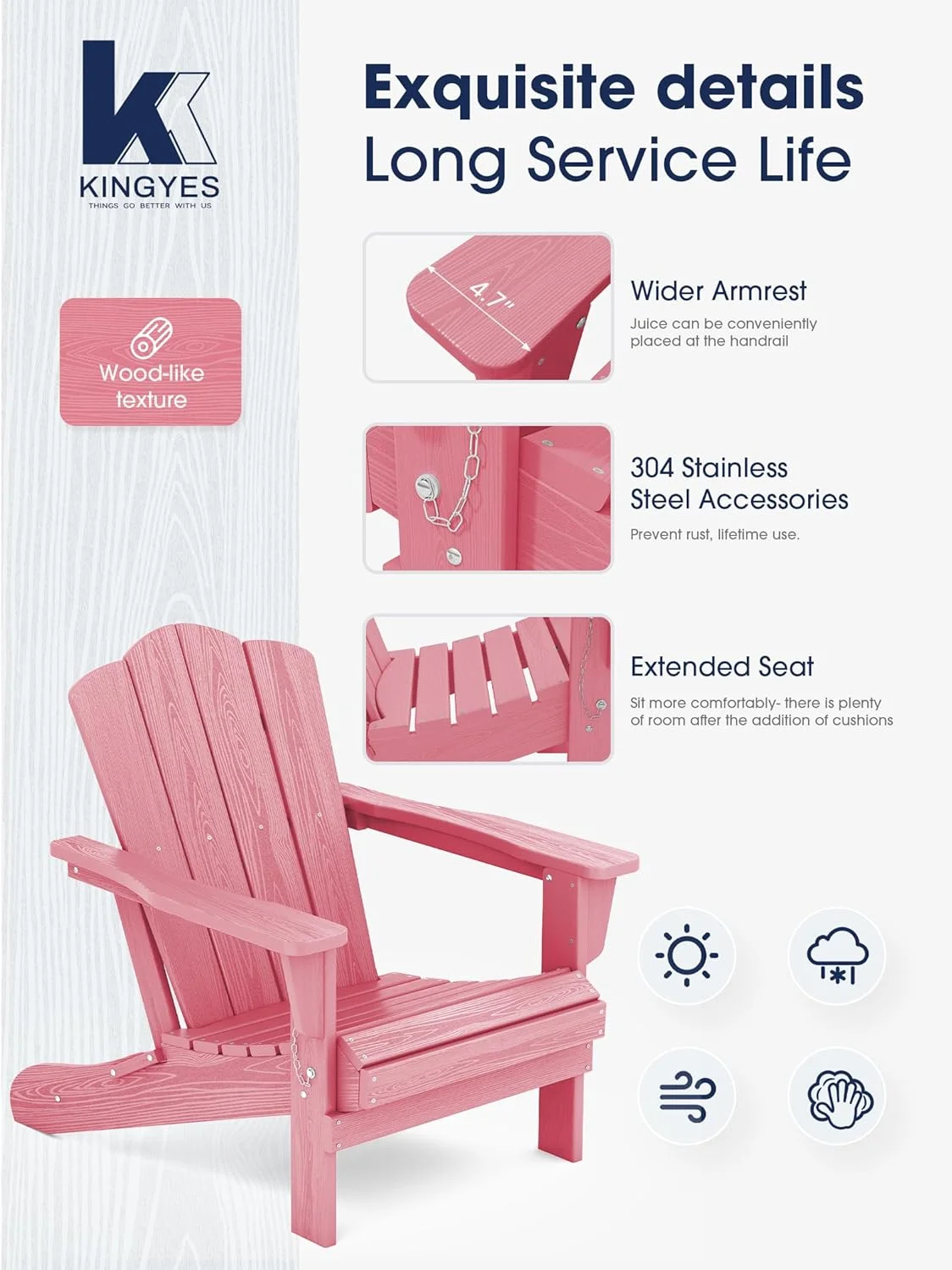 KINGYES Folding Adirondack Chair Set of 2, HDPE All-Weather Folding Adirondack Chair, Light Pink