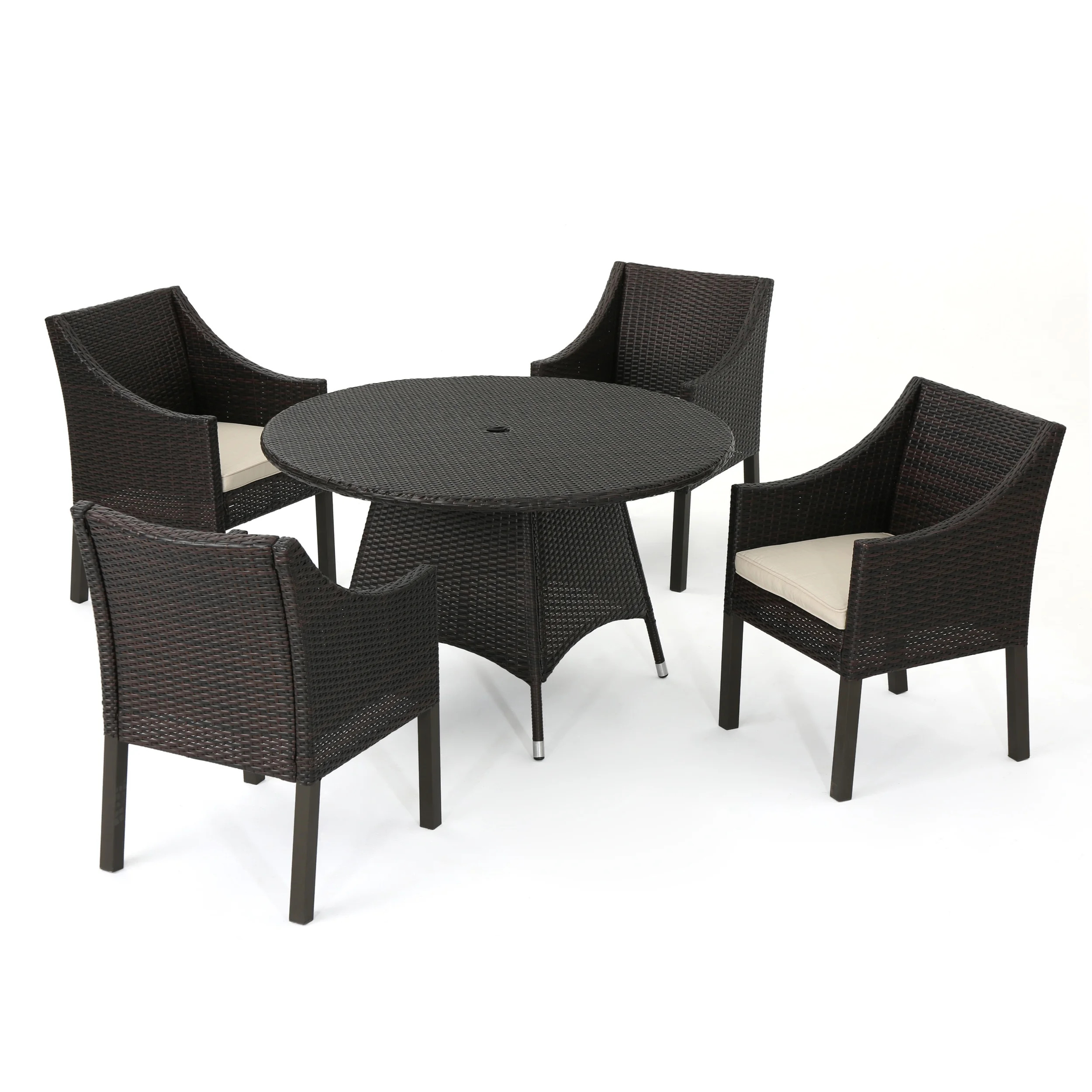 Leo Outdoor 5 Piece Wicker Round Dining Set with Cushions, Multibrown, Beige