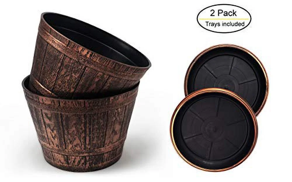 Set of 2 Plastic Whiskey Barrels Rustic Look (2 + 2 Matching Saucers) French Country Style Flowerpot Indoor Outdoor Garden Patio Office Home Decor Use Reusable Light Weight (Copper)