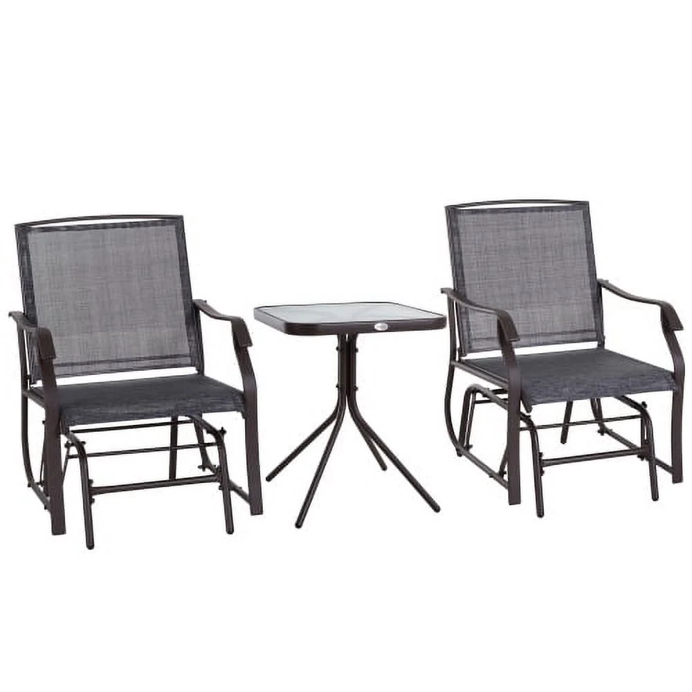 YPDCHB 3 Piece Outdoor Glider Chair with Coffee Table   2 Patio Rocking Swing Chairs with Breathable Sling Fabric  Glass Tabletop  for Backyard  Garden and Porch  Gray