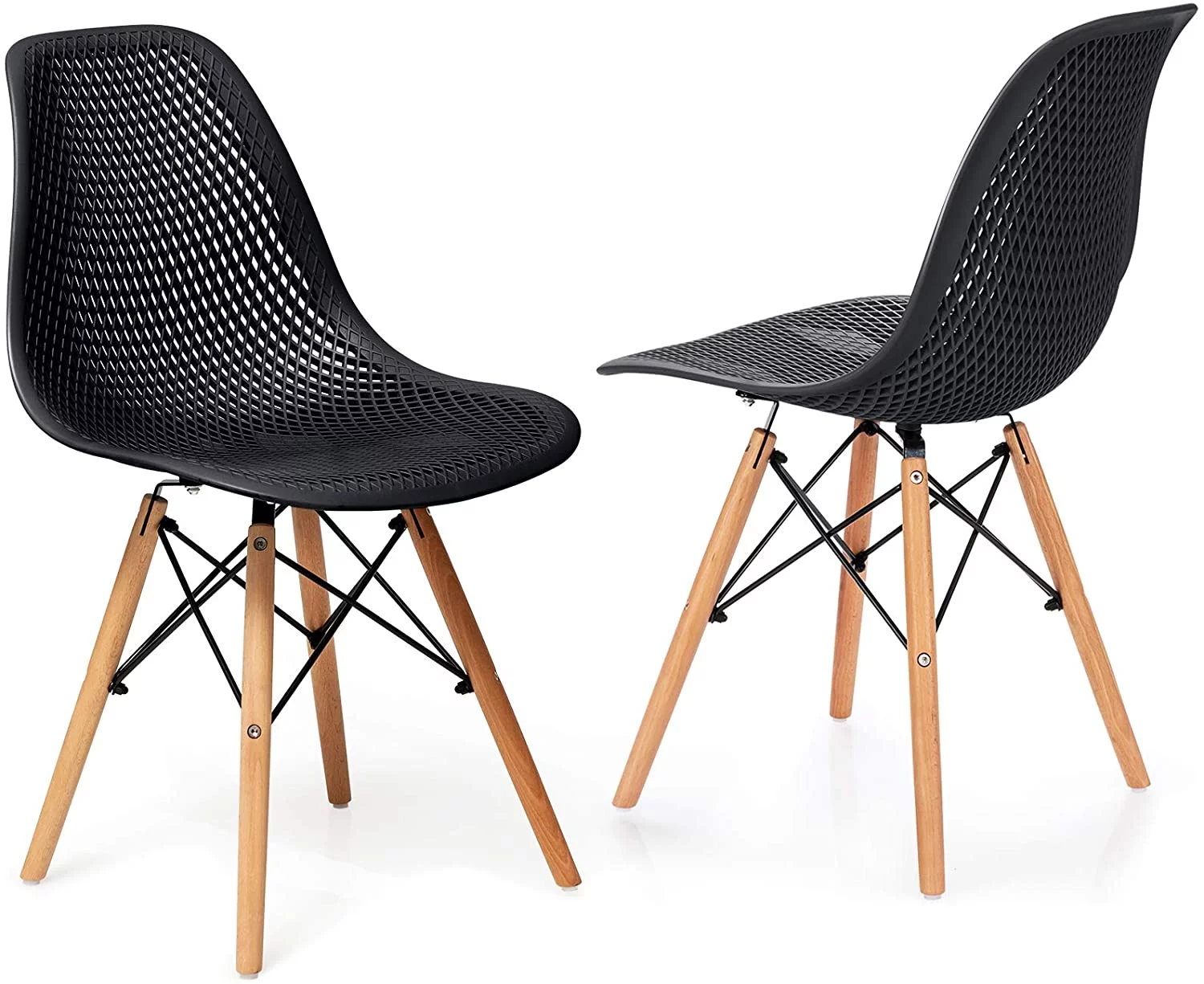 Set of 2 Modern Dining Chairs, Outdoor Indoor Shell PP Lounge Side Chairs with Mesh Design, Beech Wood Legs, Tulip Leisure Chairs, DSW Dining Chairs for Kitchen, Dining Room, Black