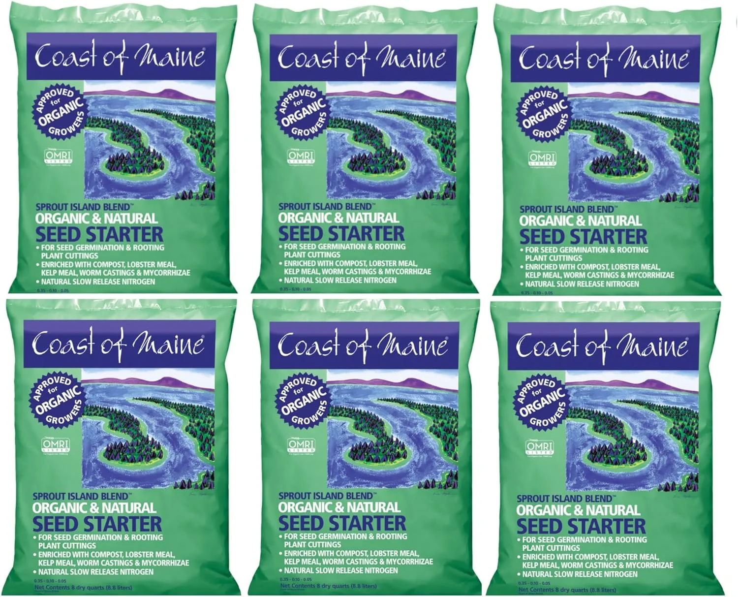 Coast of Maine Sprout Island Blend Organic & Natural Seed Starter for Seed Germination and Rooting Plant Cuttings, 8 Quarts (Pack of 6)