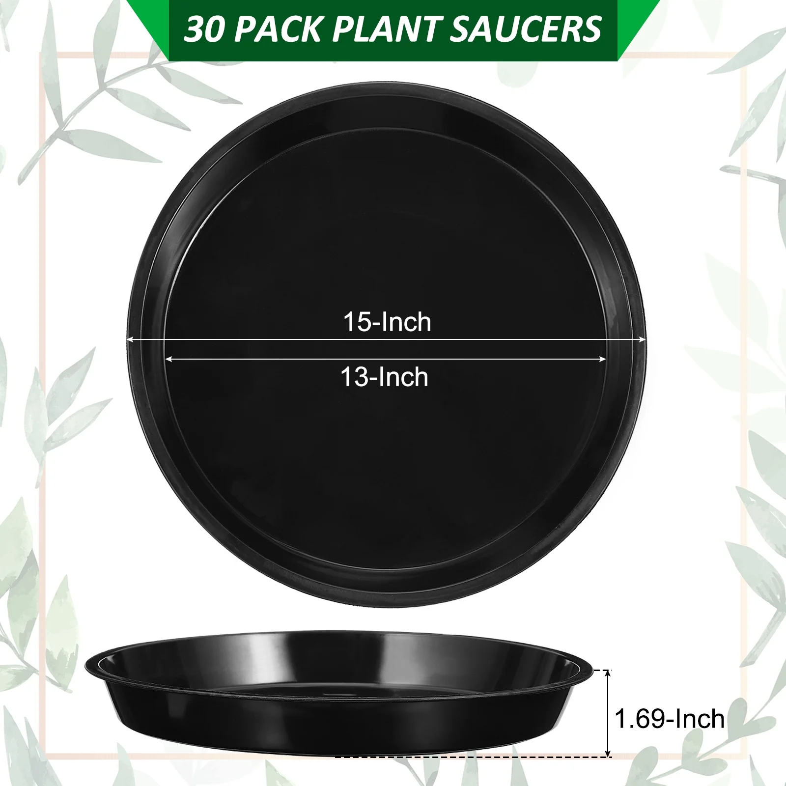 15 Inch Plastic Plant Saucer Plant Tray for Pots Round Plant Dish Plant Drip Trays for Indoor Outdoor, Black 30 Pack