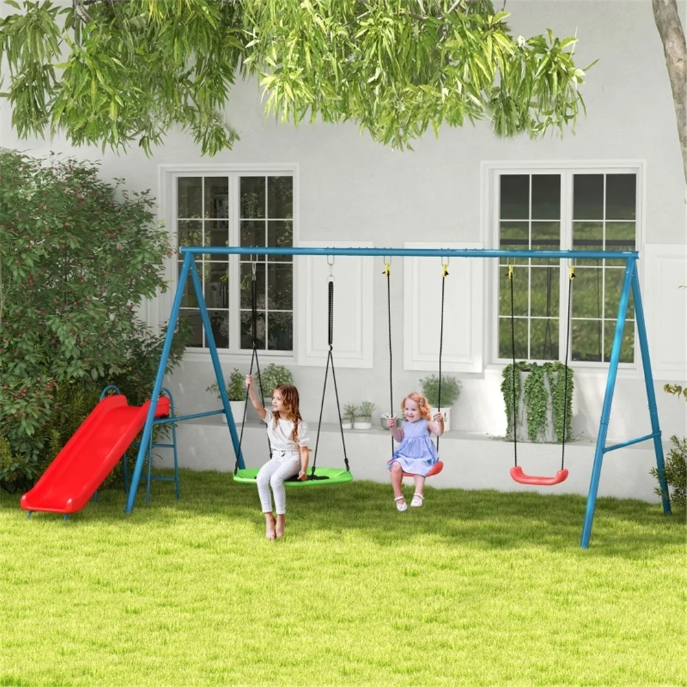 Kids Metal Swing Set for Outdoor w/ Heavy Duty Frame Basketball Hoop & Climbing Net & Slide
