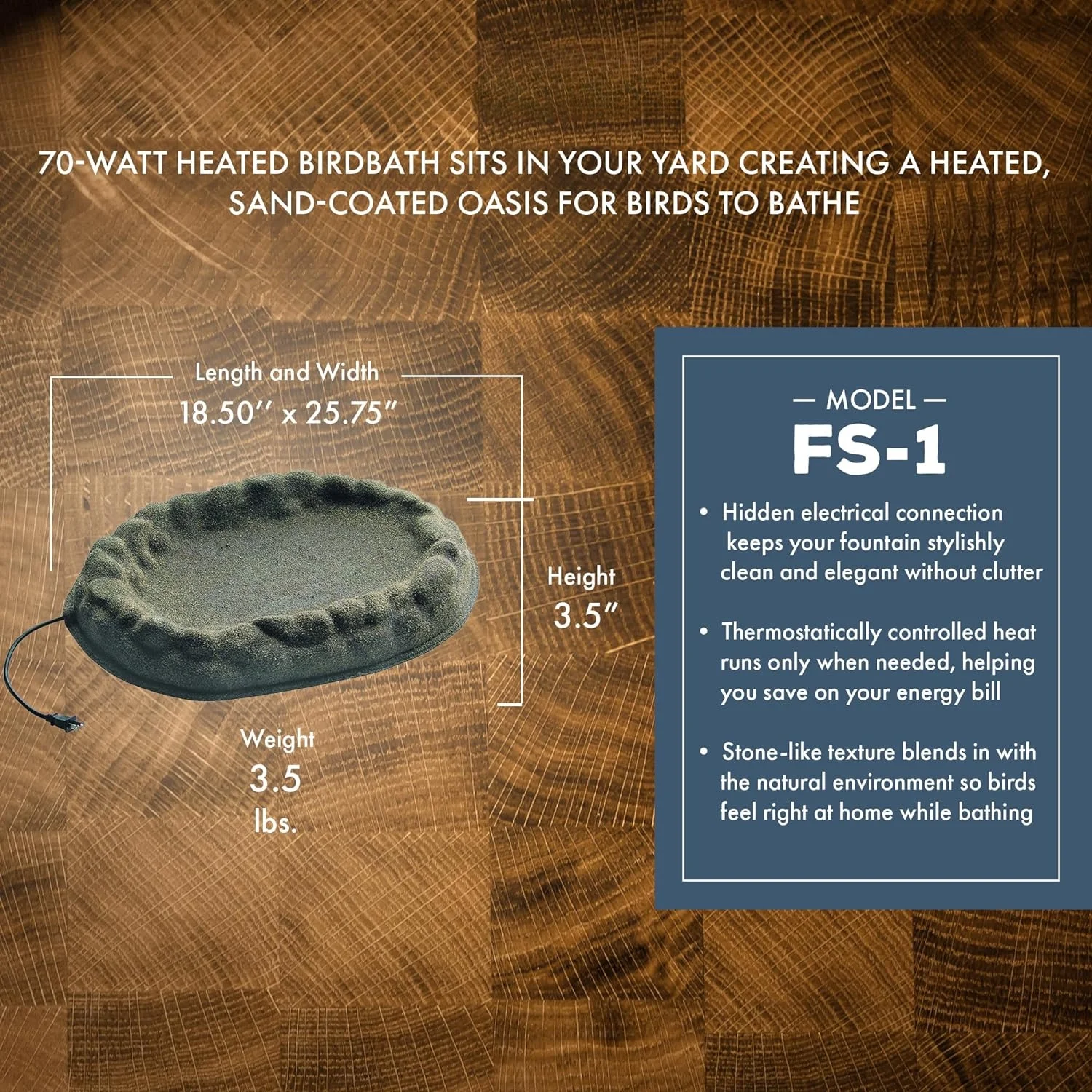 FS-1 Four Seasons Outdoor Sand Coated Stone Like Heated Birdbath with Hidden Electrical Connection, 70 Watt, Gray