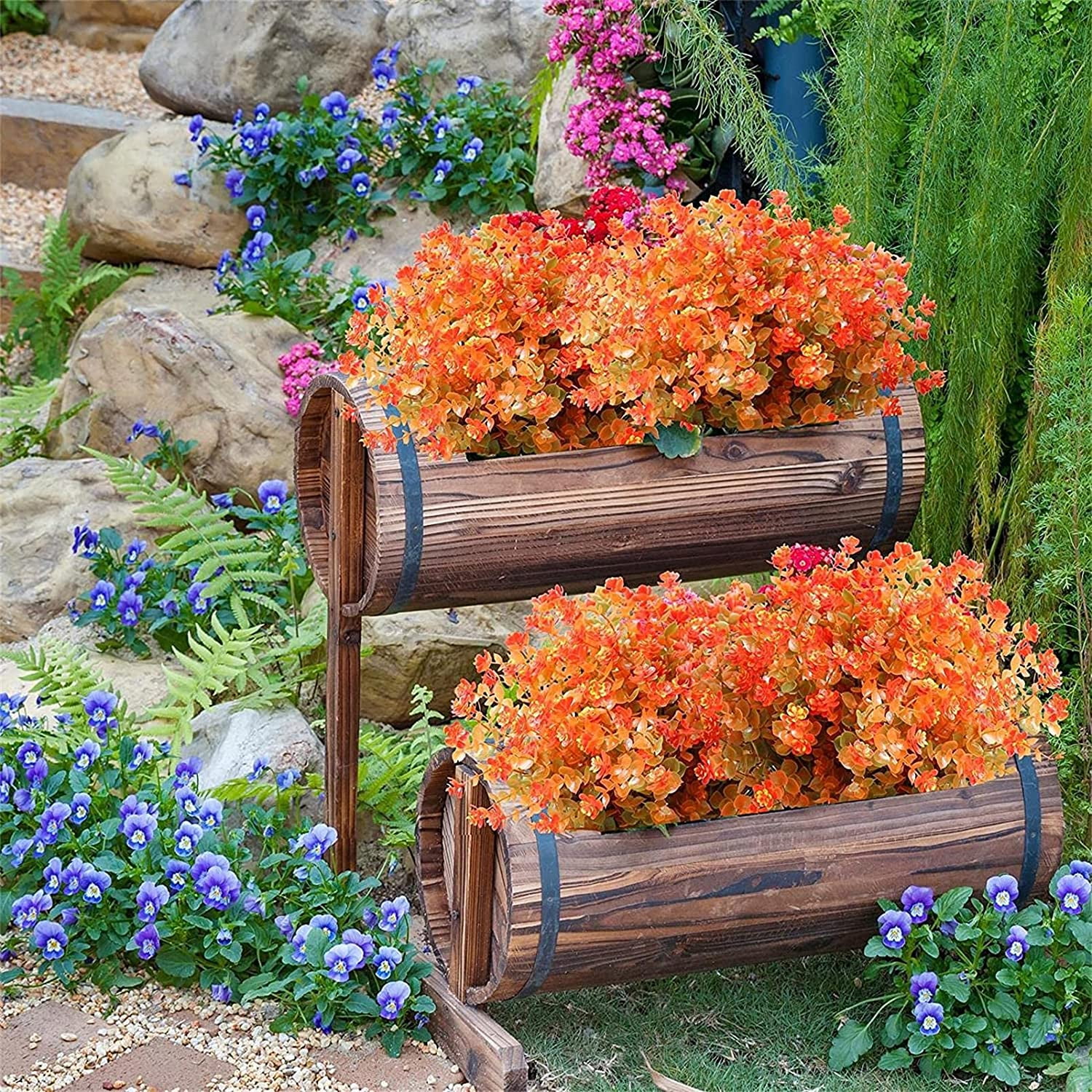 12 Bundles Artificial Fall Flowers Plants Outdoors, Faux Plastic Shrubs Fake Greenery UV Resistant for Garden Patio Window Box Office Hanging Planter Pathway Front Porch Decor