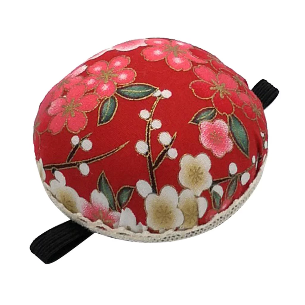Vintage Pin Cushion, Printed Fabric Pincushions, Round Shaped Pin Cushion, Sewing Cushion with Elastic Wrist Belt, for Sewing Quilting Red