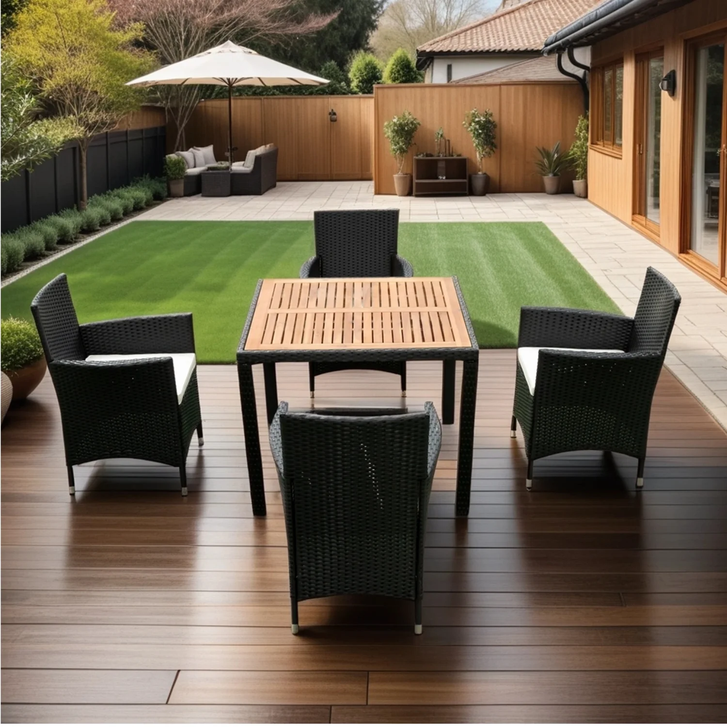 Modern Stylish EELIFEE 5 Piece Black Wicker Patio Dining Set with Acacia Wood Top and Creme Cushion - Relaxing and Entertaining Outdoor Furniture Set for Patio Dining Under the Sun