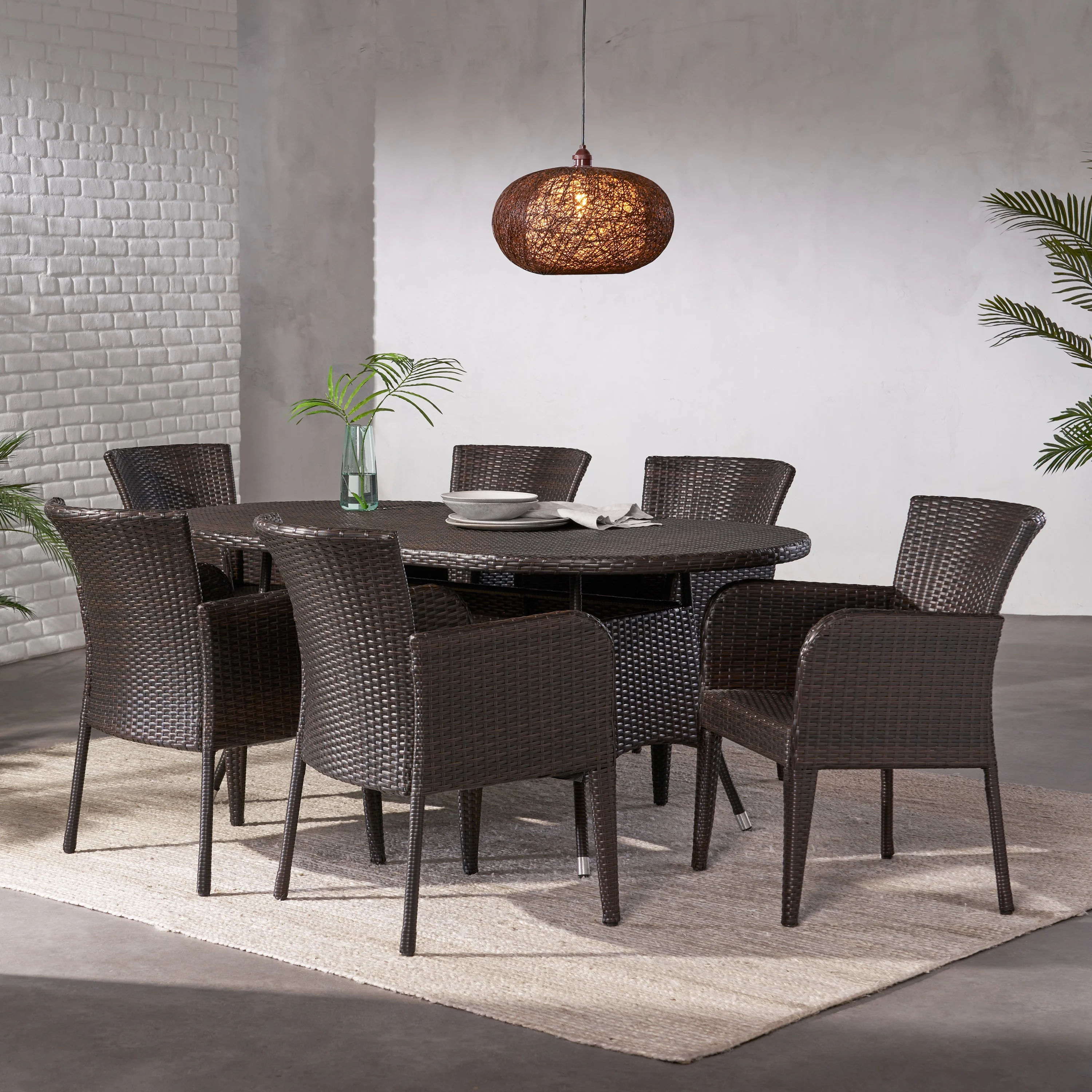 Ramsey 7 Piece Outdoor Oblong Wicker Dining Set, Multibrown