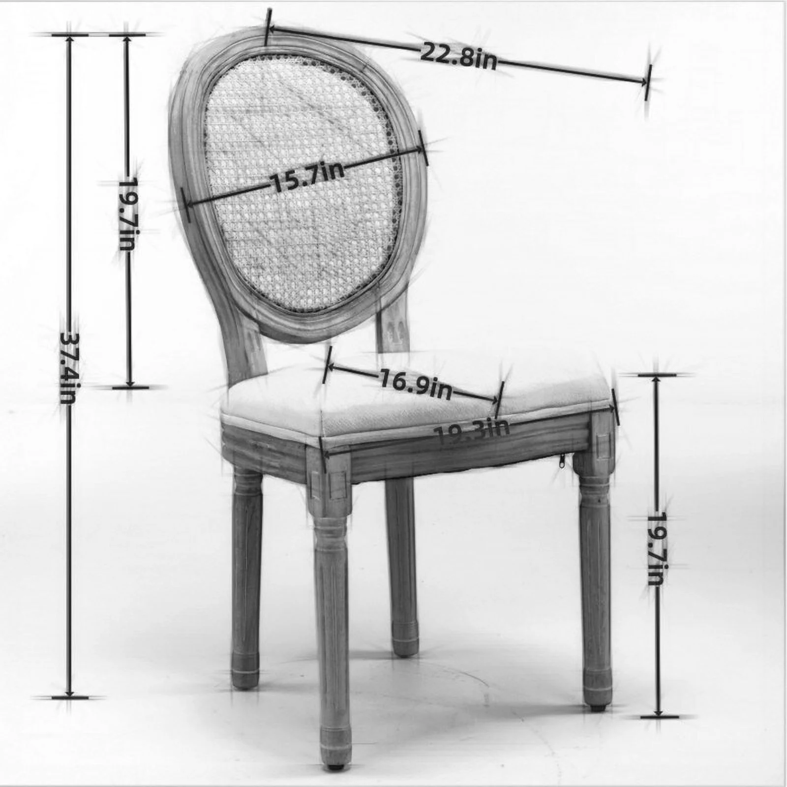 French Style Dining Chairs Set of 2 with Solid Wood Frame and Linen Fabric Rattan Back Beige