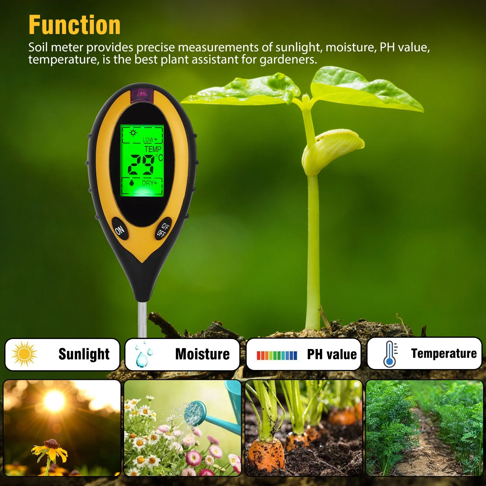 LCD Digital PH Soil Tester Water Moisture Temperature Sunlight Test Meter Plant