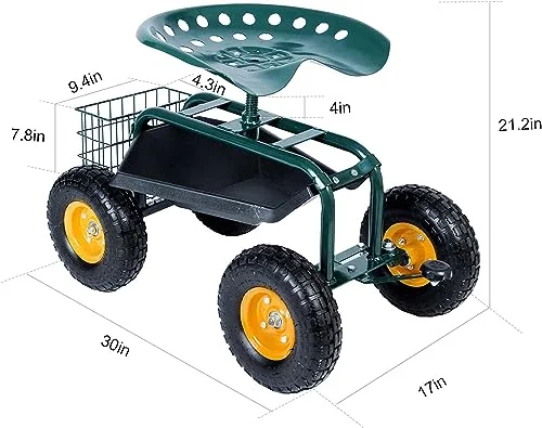 Steerable Rolling Work Seat Garden Stool Cart with Tool Tray and Storage Basket Heavy Duty Scooter Green
