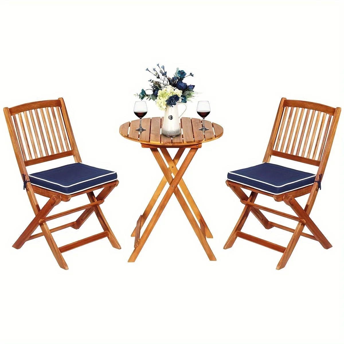 3pcs Patio Folding Wooden Bistro Set, 2pcs Cushioned Chairs And 1pc Round Table, Outdoor Conversation Set For Garden, Backyard, Balcony, Porch