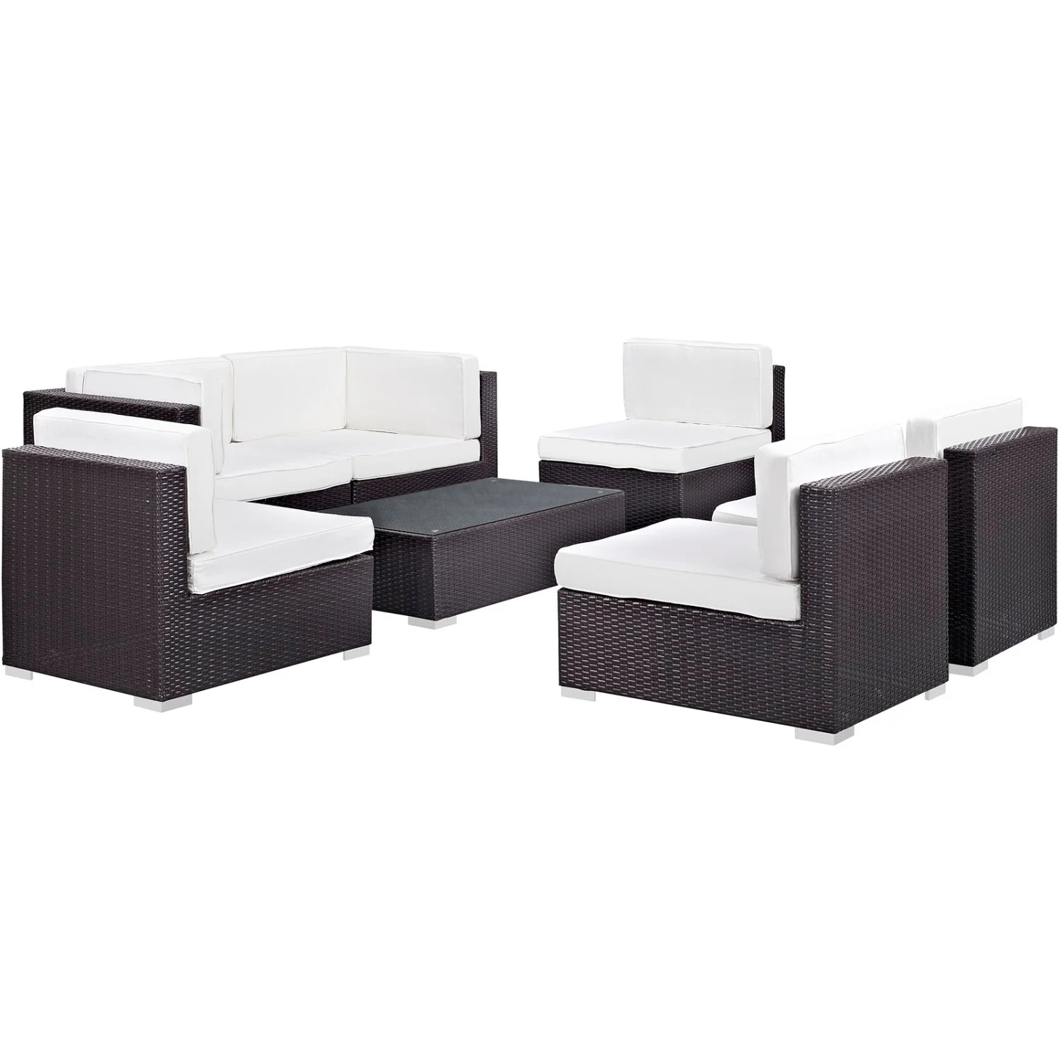Lounge Sectional Sofa Table Set, White, Rattan, Wicker, Outdoor Patio Balcony Cafe Bistro Garden Hospitality Restaurant, Modern Contemporary HB35856