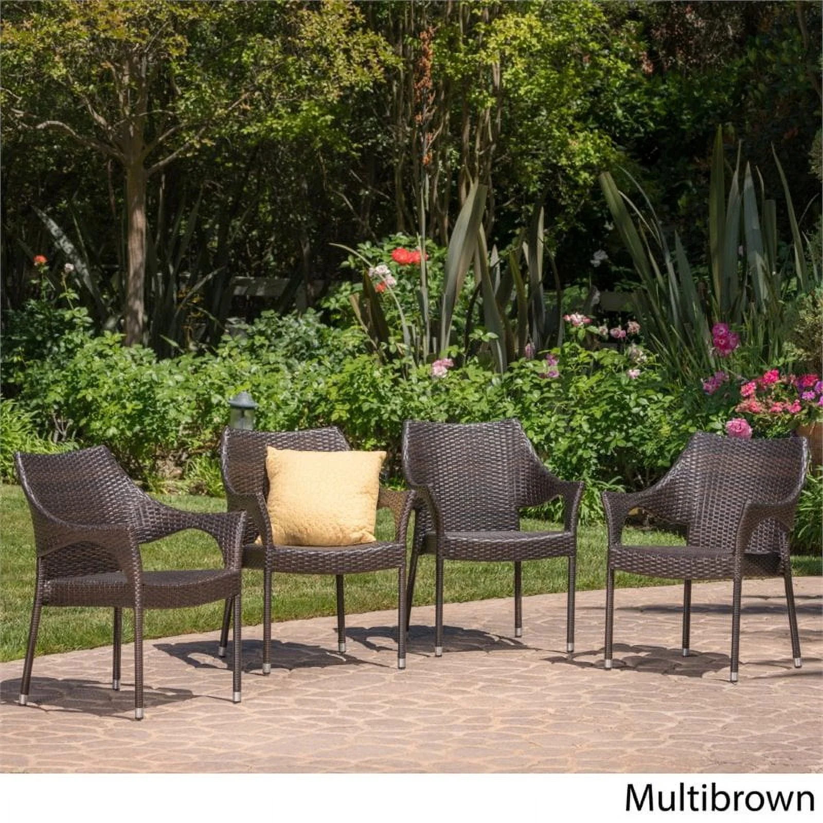 Noble House Mirage Wicker Stacking Patio Dining Arm Chair in Mocha (Set of 4)