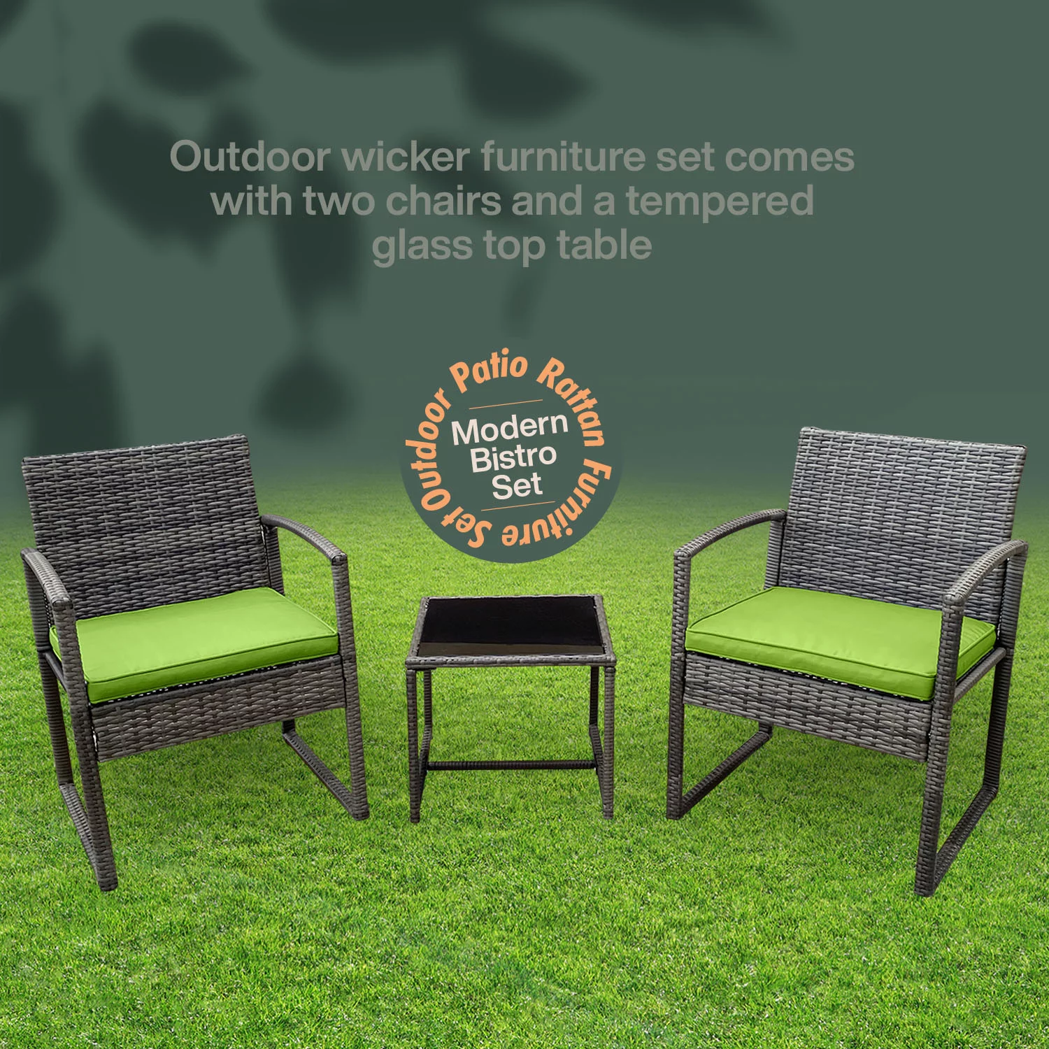Brier 3-Piece Rattan Unwinding Furniture Set -Two Soft Cushion Sitting Chairs with a Glass Coffee Table - Green