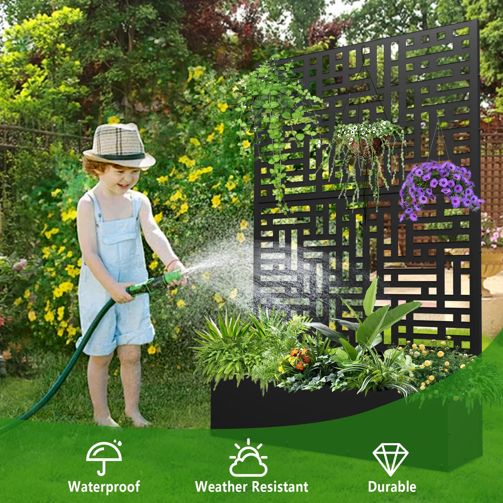 FOOWIN 71'' H Metal Planter with Trellis, Outdoor Raised Garden Bed for Climbing Plants, Trellis Planter Box with Drainage Hole, Black, 1PC