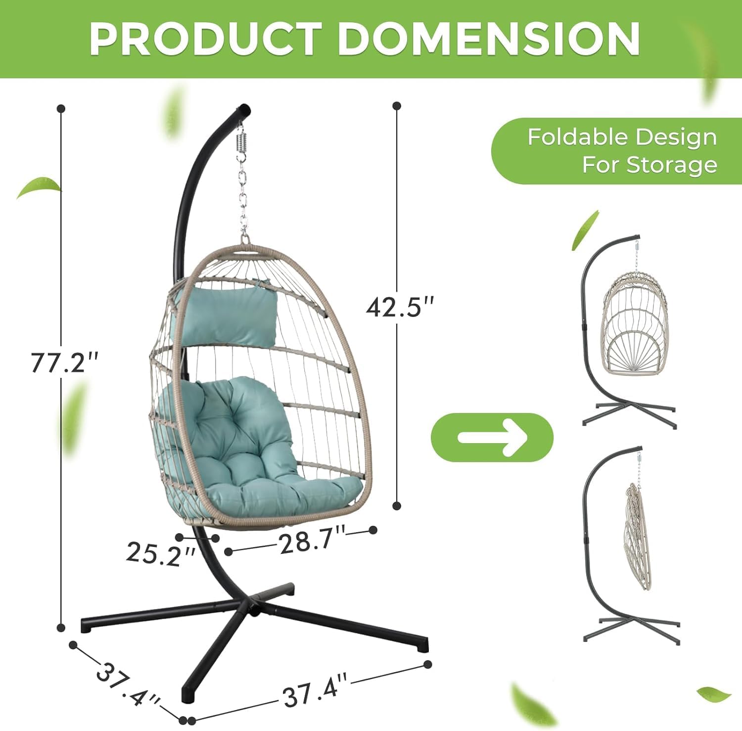 Hanging Egg Chair with Stand, Foldable Wicker Rattan Hammock Swing Seatwith Cushion/Headrest/Weather Cover Indoor/Outdoor, 350 Lbs Capacity, Lake Blue