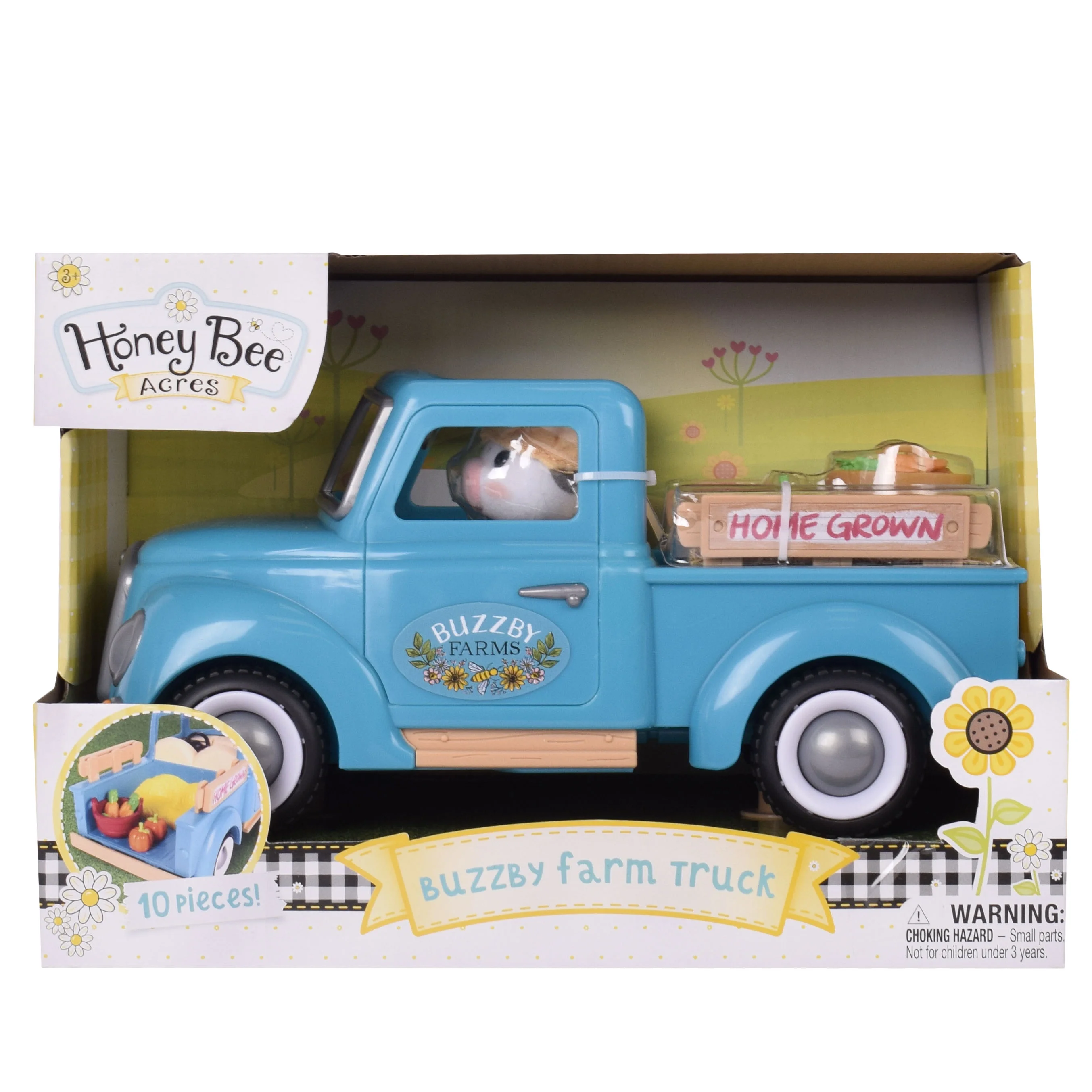 Honey Bee Acres Buzzby Blue Farm Truck with Mini Doll Figure, 10 Pieces, Children Ages 3+