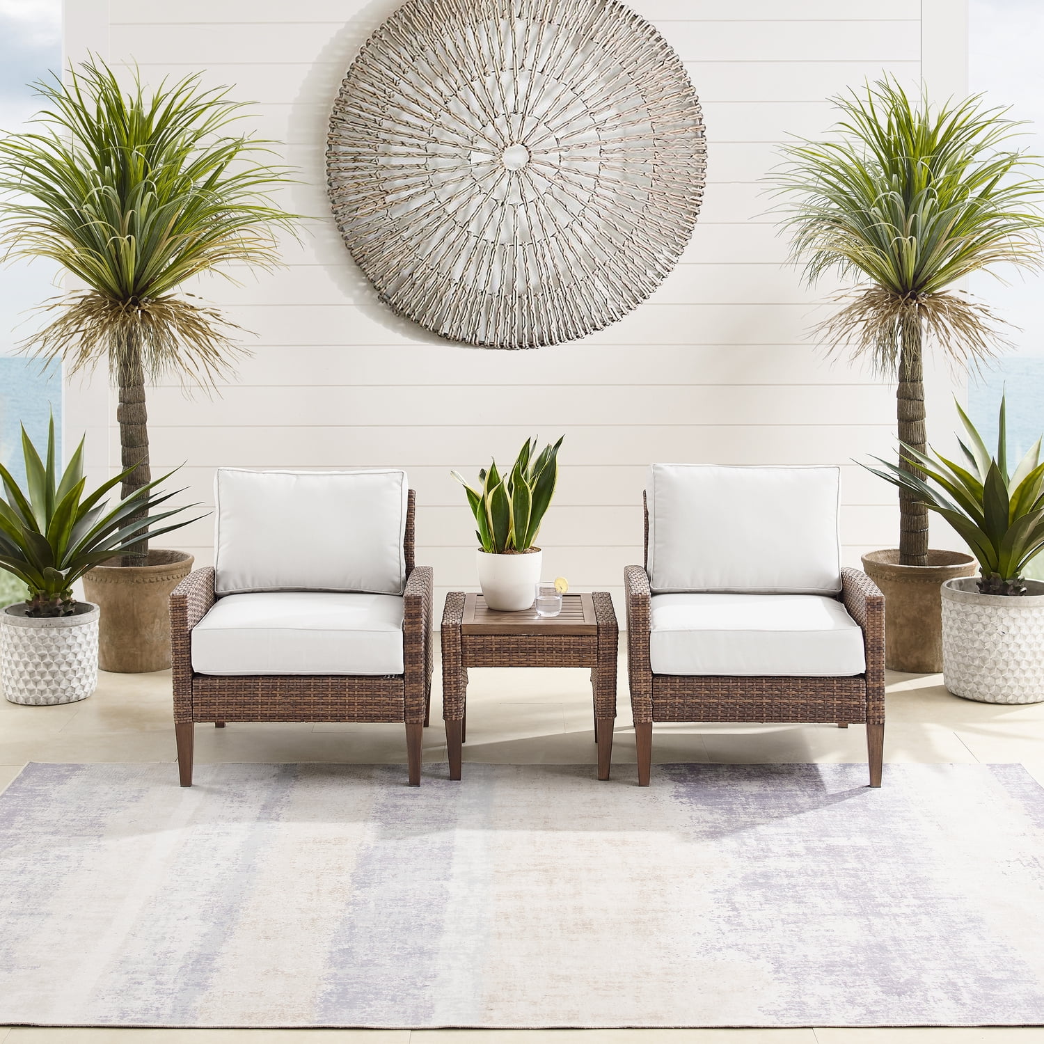 HomeStock Rococo Radiance 3Pc Outdoor Wicker Chair Set Creme/Brown - Side Table & 2 Armchairs