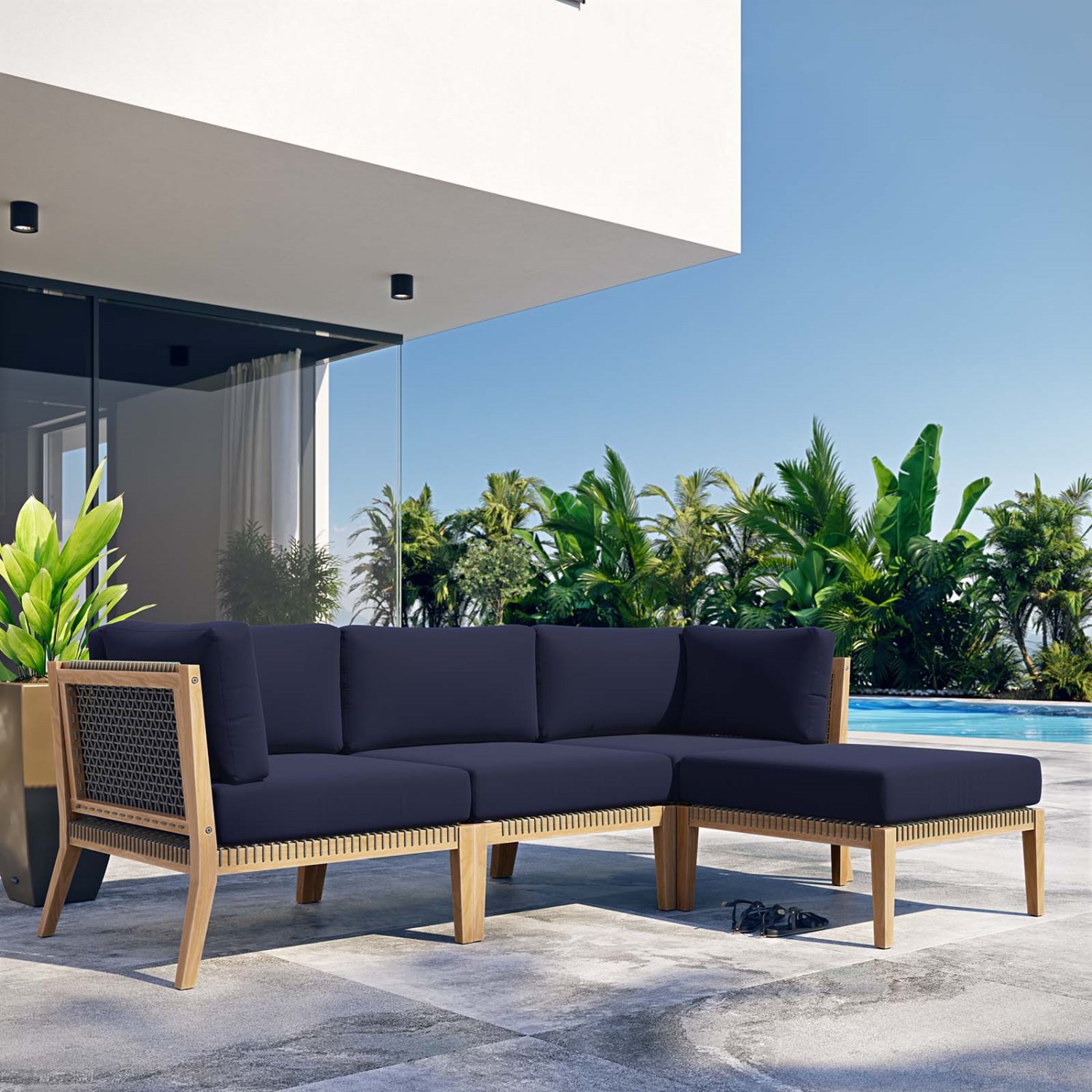 Lounge Sectional Sofa Set, Blue Navy Natural, Teak Wood, Outdoor Patio Balcony Cafe Bistro Garden Hospitality Restaurant, Modern Contemporary HB34454