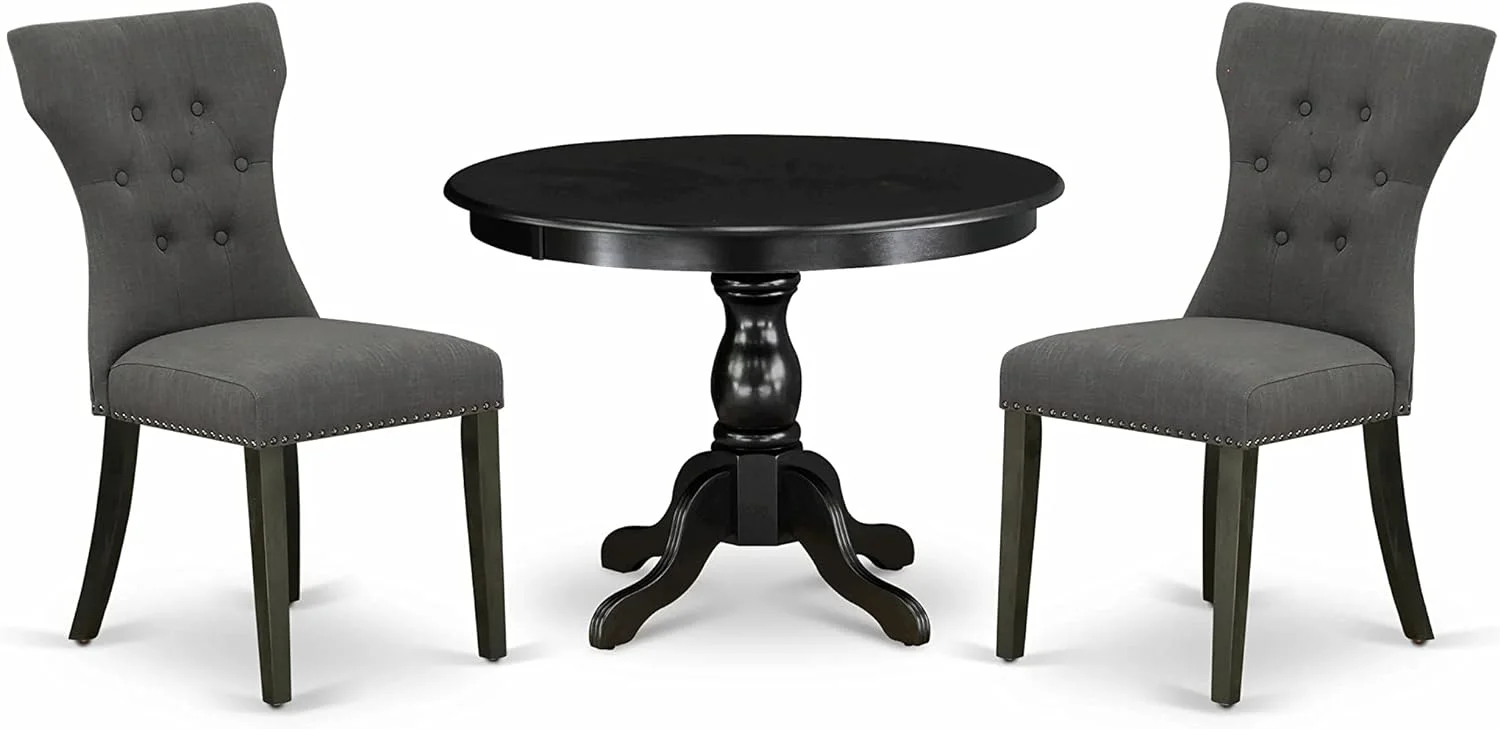 HYUN HBGA3-ABK-50 Hartland 3 Piece Set Contains a Round Dining Room Table with Pedestal and 2 Dark Gotham Linen Fabric Upholstered Parson Chairs, 42x42 Inch