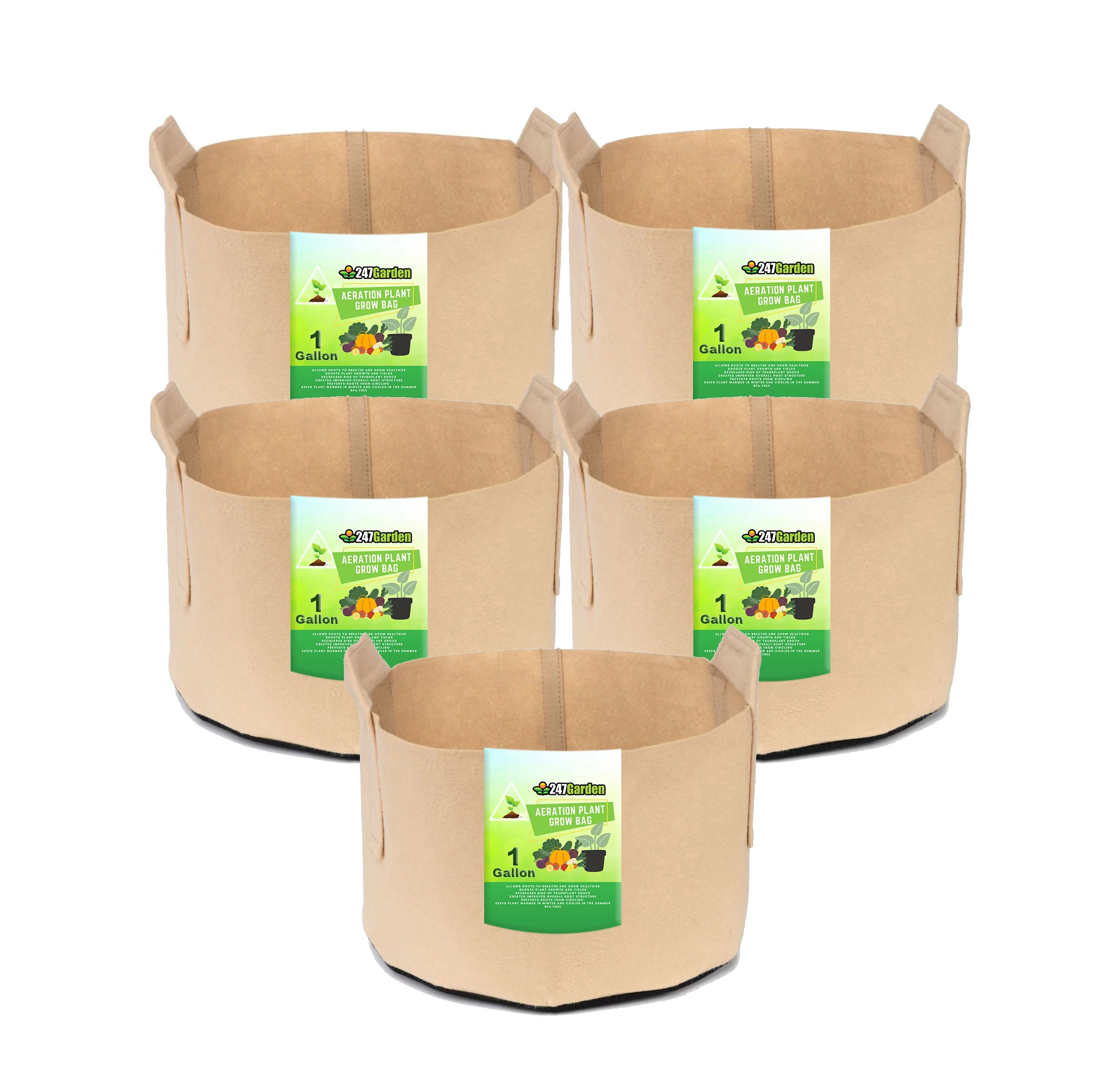 24/7 Garden 1-Gallon Grow Bags / Fabric Pots / Flower Planters (Tan) (5-Pack)