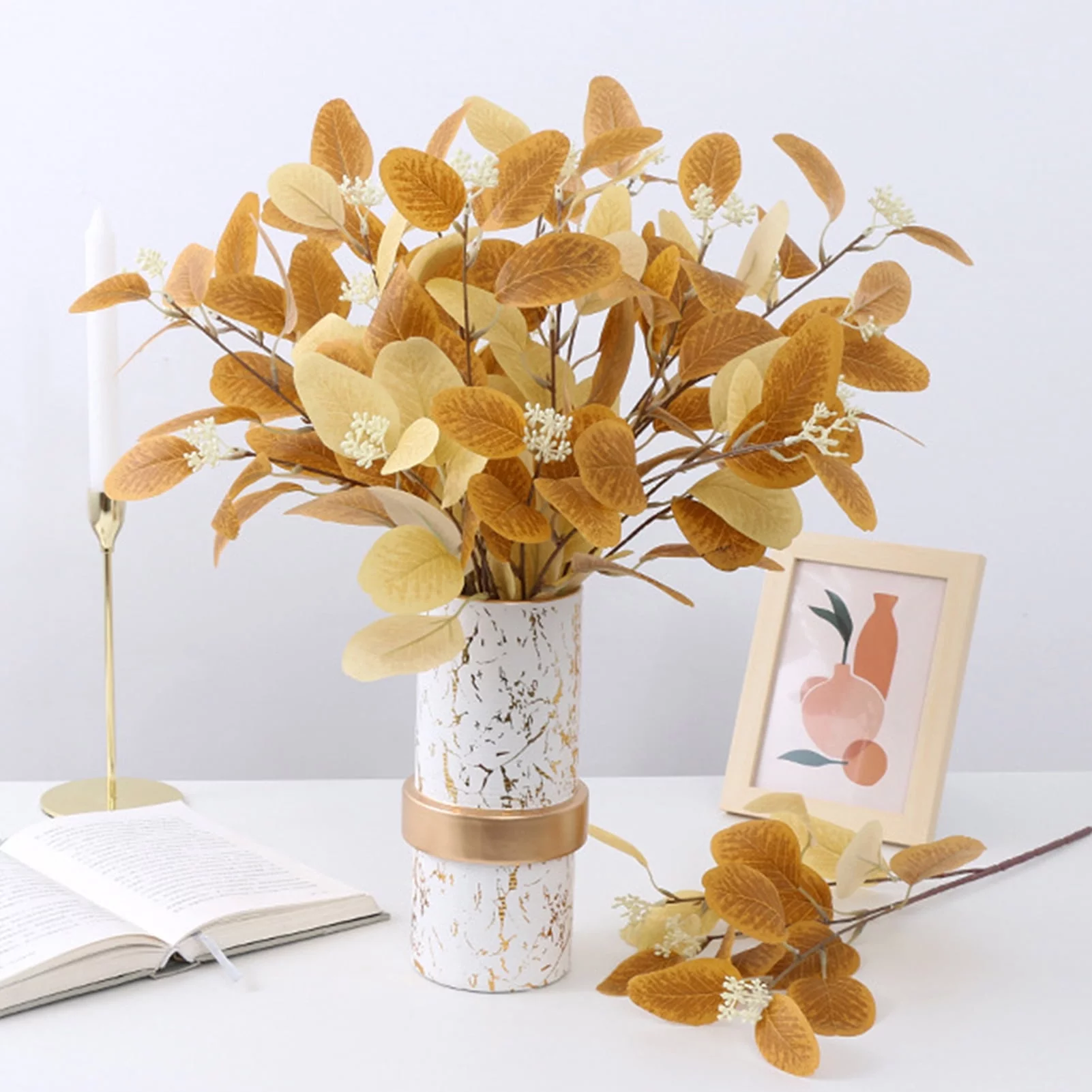 6Pcs Artificial Eucalyptus Leaves Stems Fake Silver Dollar Leaves Faux Bouquet Branches for Wedding Bouquets Christmas Home Garden Decor, Fall