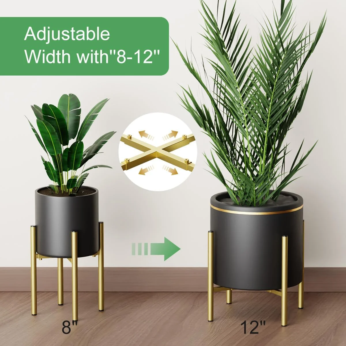 Adjustable Plant Stand Indoor, Metal Plant Stand 8 to 12 Inches, Single Floor Plant Pot Stand Mid Century Plant Holder for Indoor Outdoor Plants - Gold (Pot Not Include