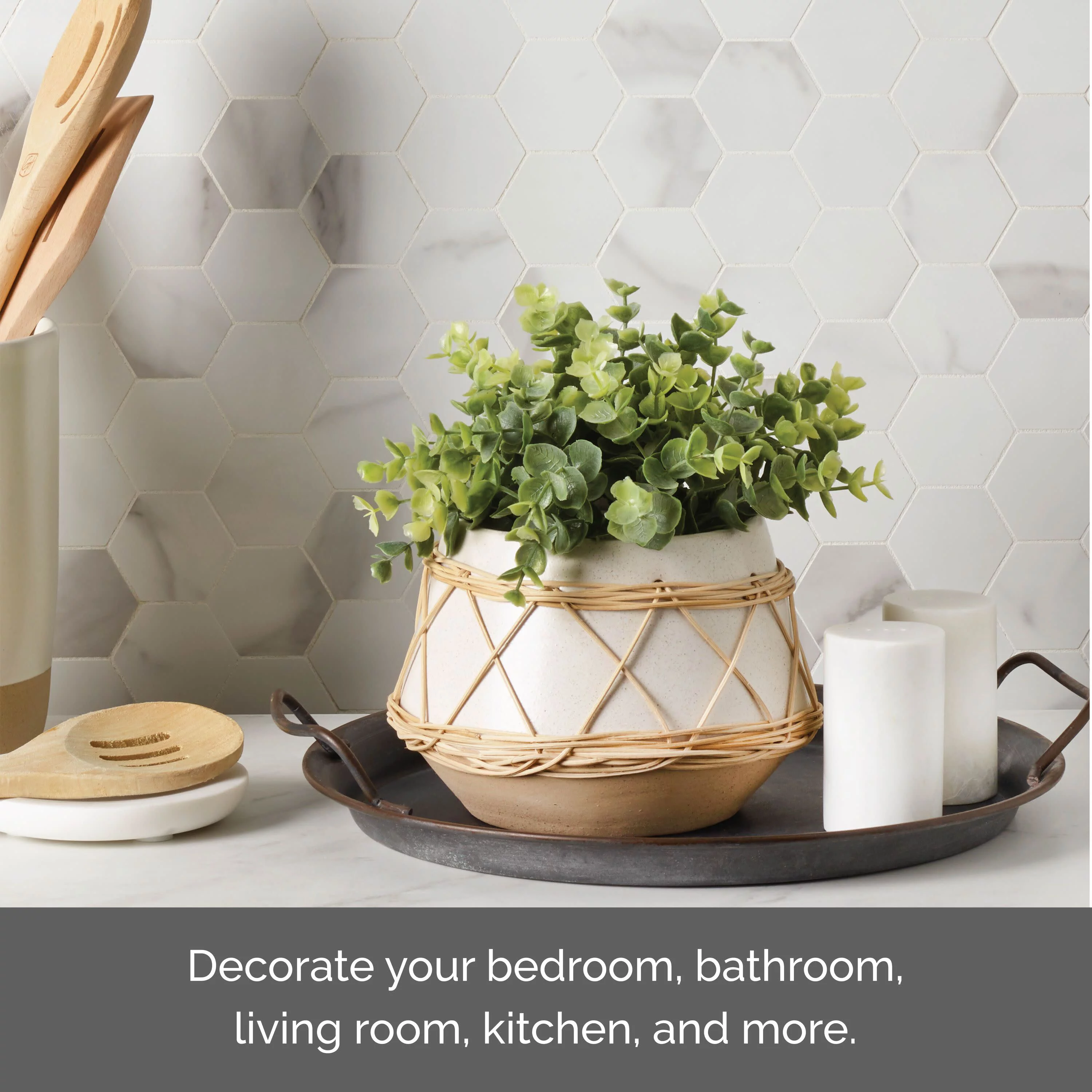 Elements 7X5 Inch Rattan Wrap White Stoneware Pot