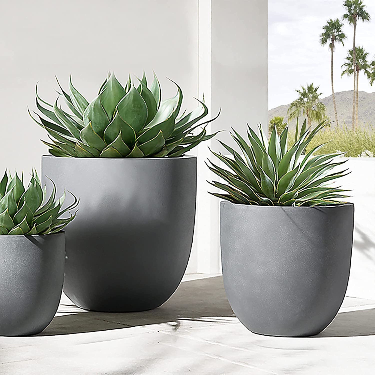 Round Light Gray Stone Planter, Flower Pots for Front Porch, Indoor Outdoor Use in Patio Living Room Garden Courtyard