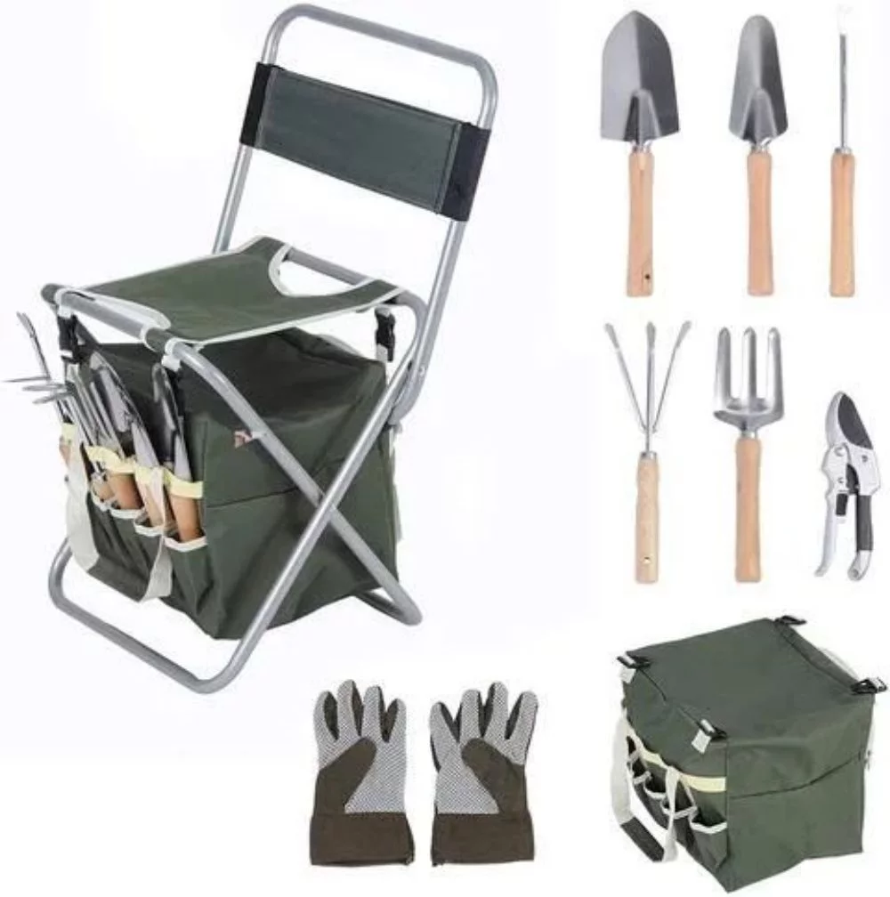 Tenozek 9 PCS Garden Tools Set, Wooden Handle Heavy Duty Cast-Aluminium Alloy Gardening Tools, Folding Seat with Backrest & Portable Tote Bag, Non-Slip Gloves