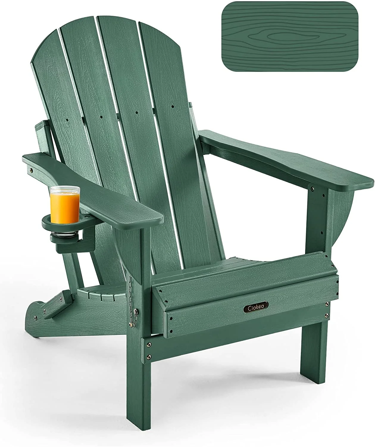 Folding Adirondack Chair Wood Texture, Patio Adirondack Chair Weather Resistant, Plastic Fire Pit Chair with Cup Holder, Lawn Chair for Outdoor Porch Garden Backyard Deck (Green)
