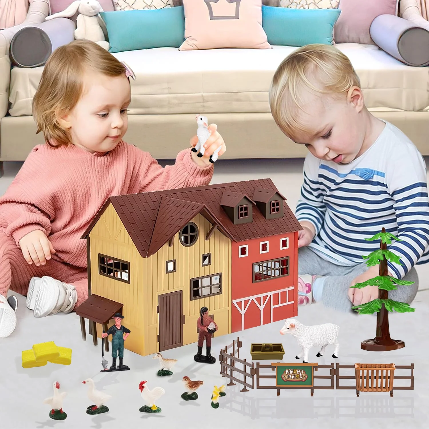 Style-Carry Farm Animals Barn House Toys, 63Pcs Farm Animals Fence Farm Playset, Pretend Play Set Easter Birthday Gifts for Boys Girls 3-8 years