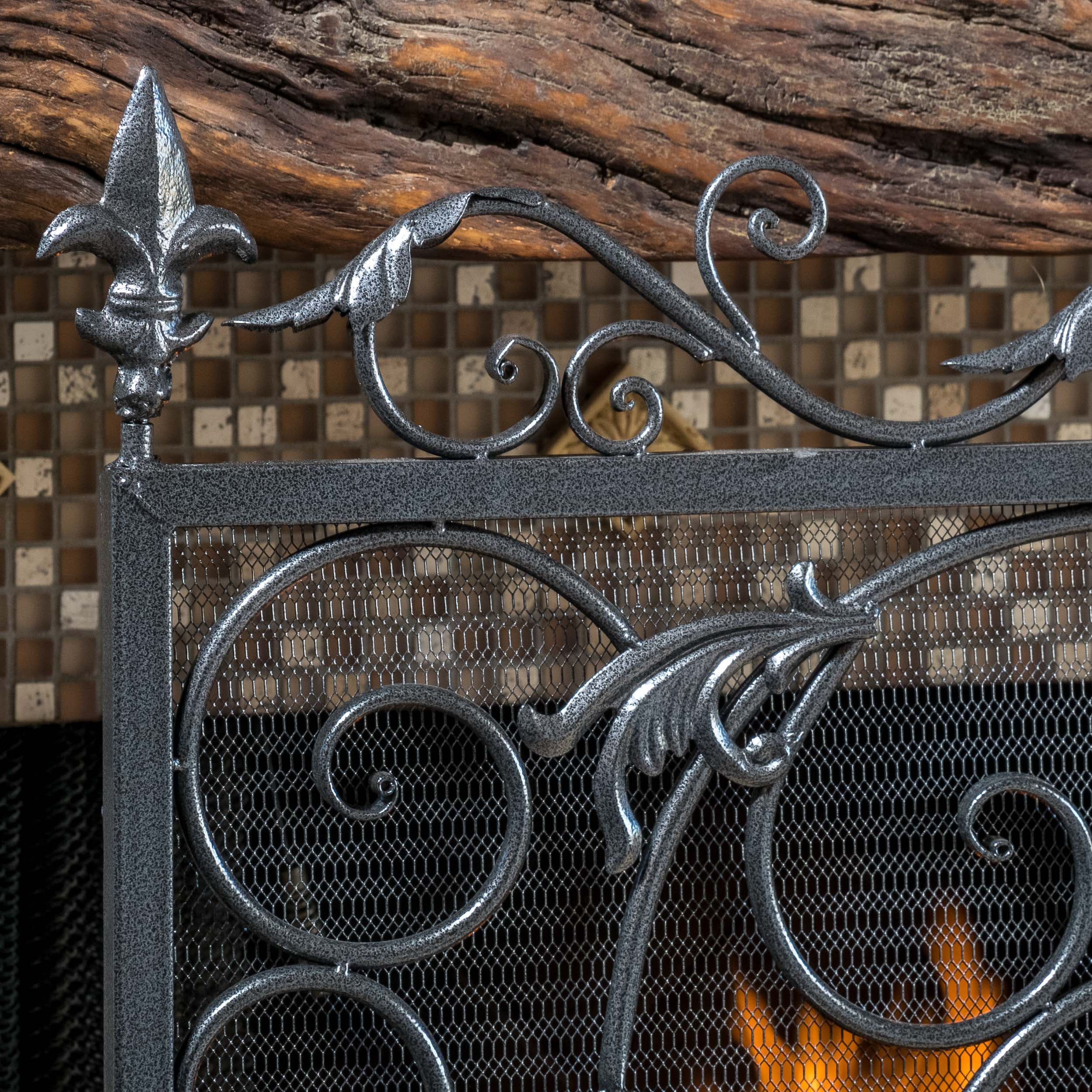 Noble House Crenshaw Iron Fireplace Screen, Silver Flower on Black