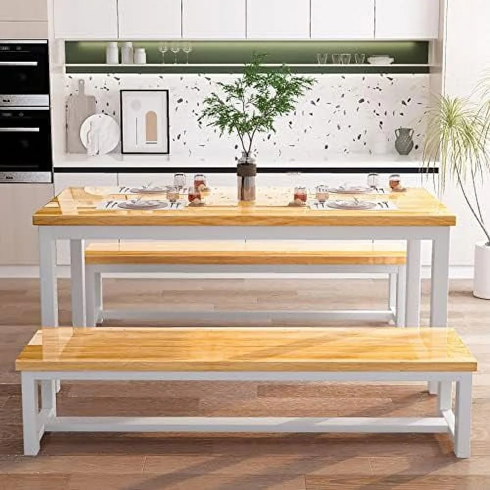 HBBOOMLIFE Dining Table Set with Two   Kitchen Table Set for 4-6 Persons  Kitchen Table of 47.2 x 28.7 x 28.7 Inches  Bench of 41.3 x 11.8 x 17.7 Inches Each  Black