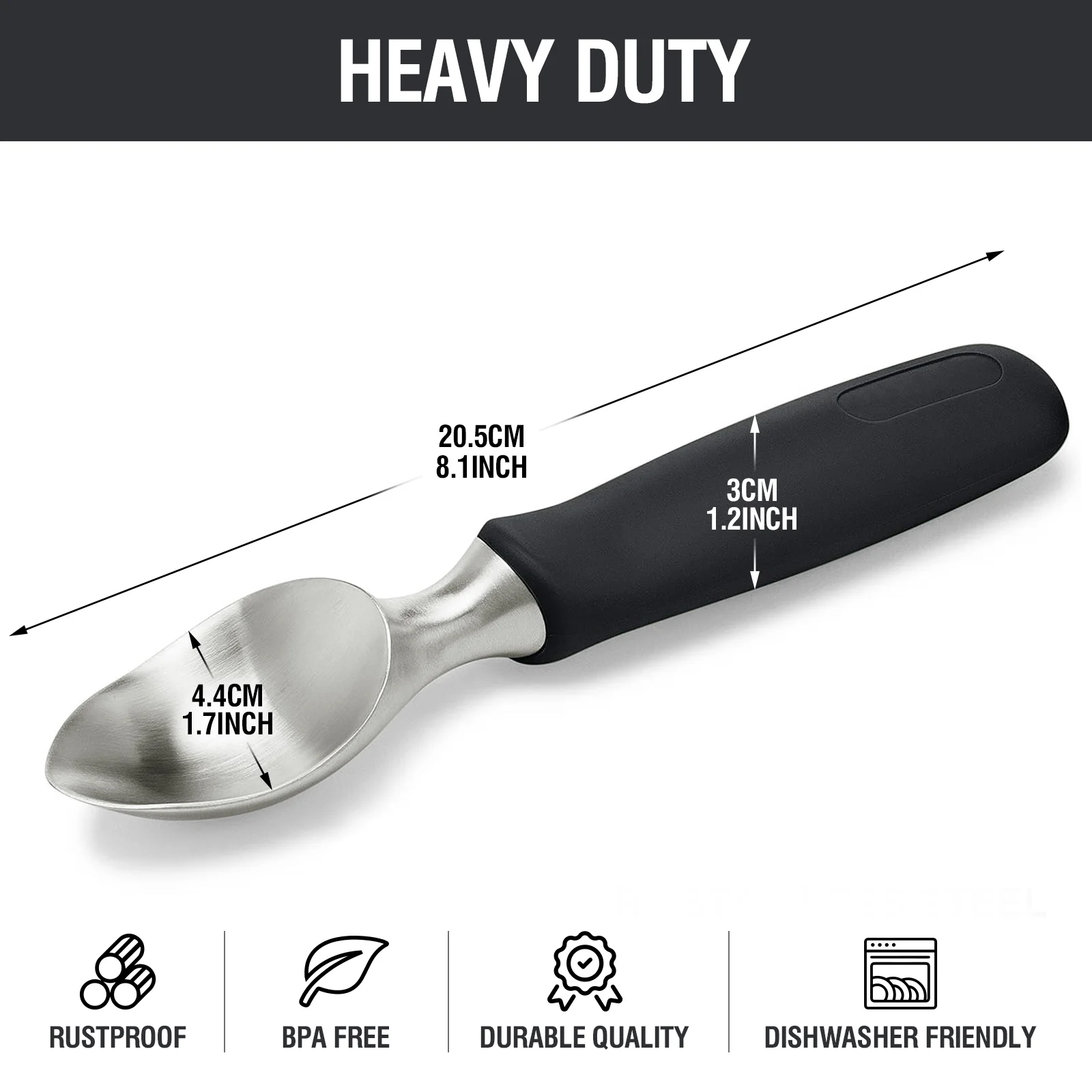 Badiano Stainless Steel Ice Cream Scoop,Black Baller Scooper,Length 8.27