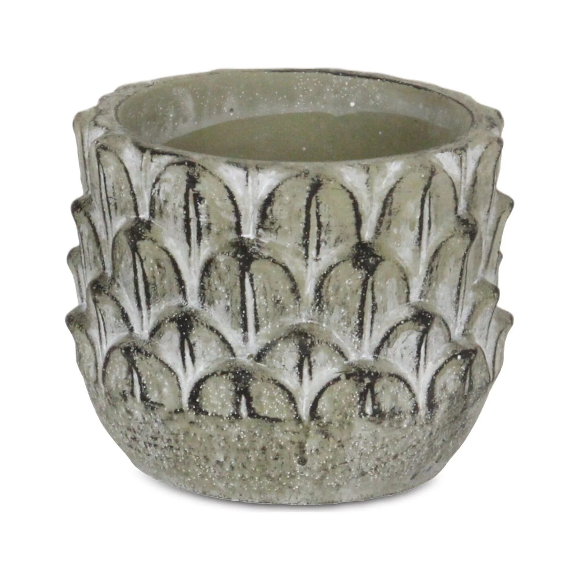 Cheungs 5451S Cement Pot with Overlapping Feather Pattern, Round - Small