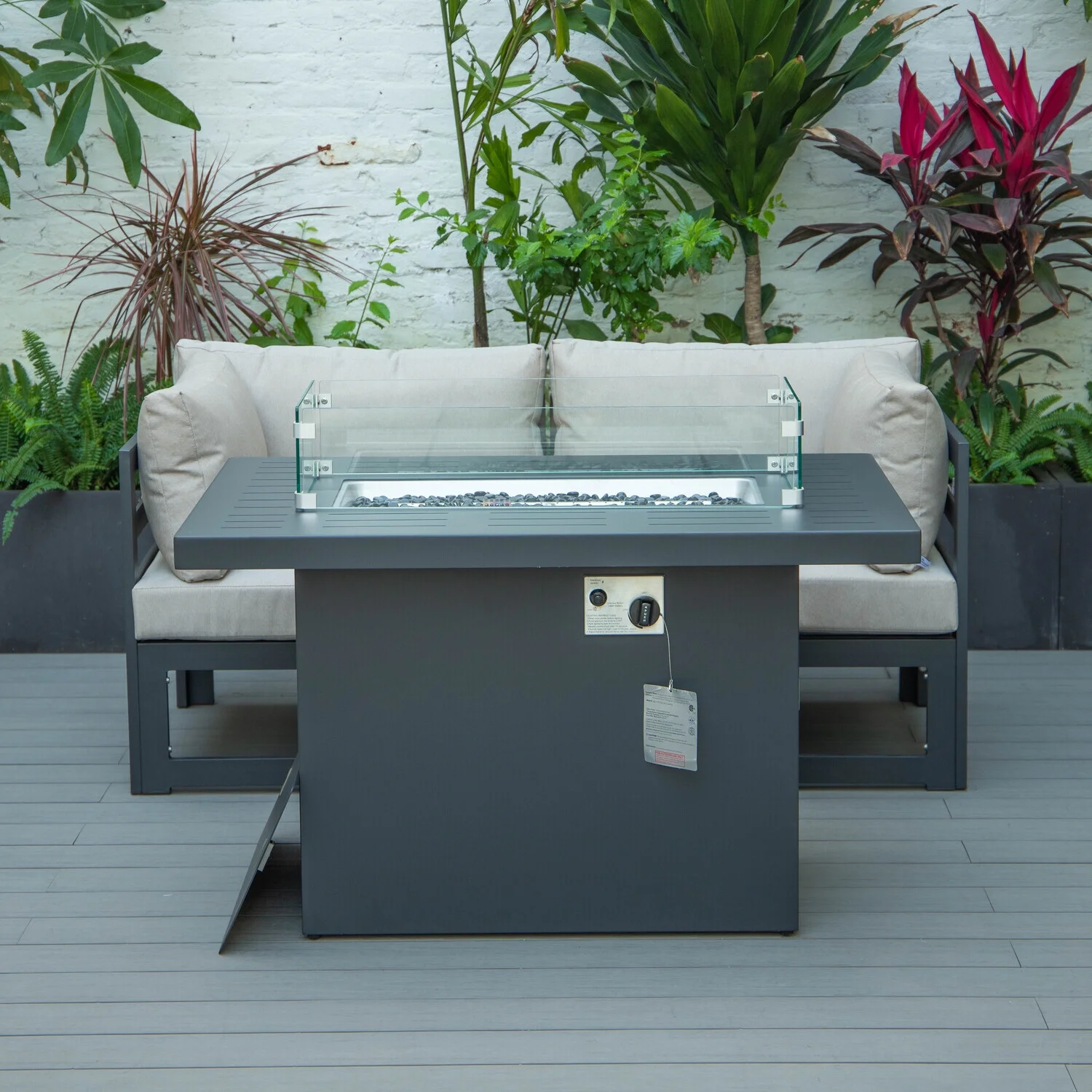 Maykoosh Modern Marvel 3-Piece Sectional Loveseat and Fire Pit Table Set Black Aluminum with Cushions