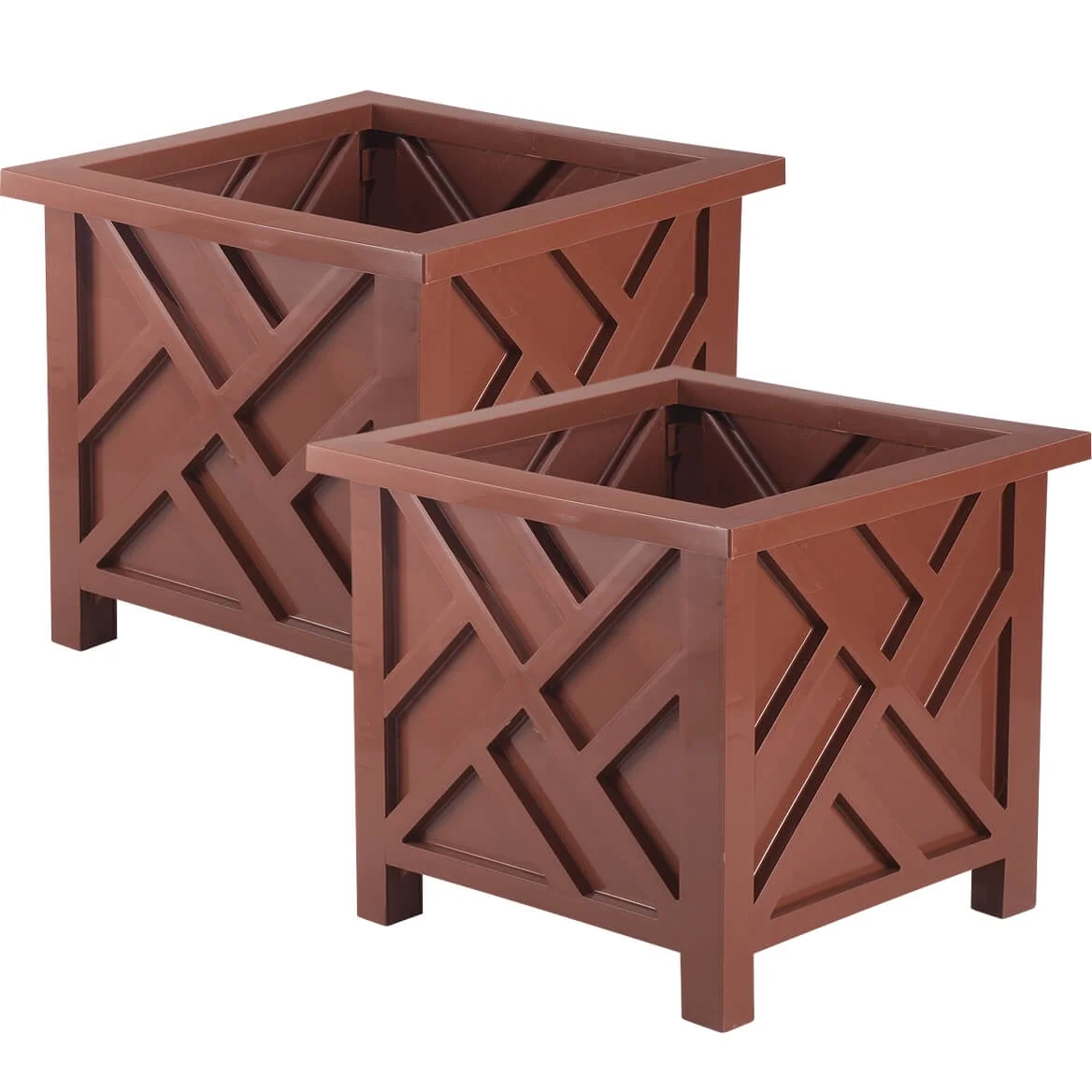 Brown Chippendale-Style Planter Boxes - Set of 2 | Elegant Outdoor Planters | Durable Polypropylene | Lattice Pattern | Tool-Free Assembly | 14.75