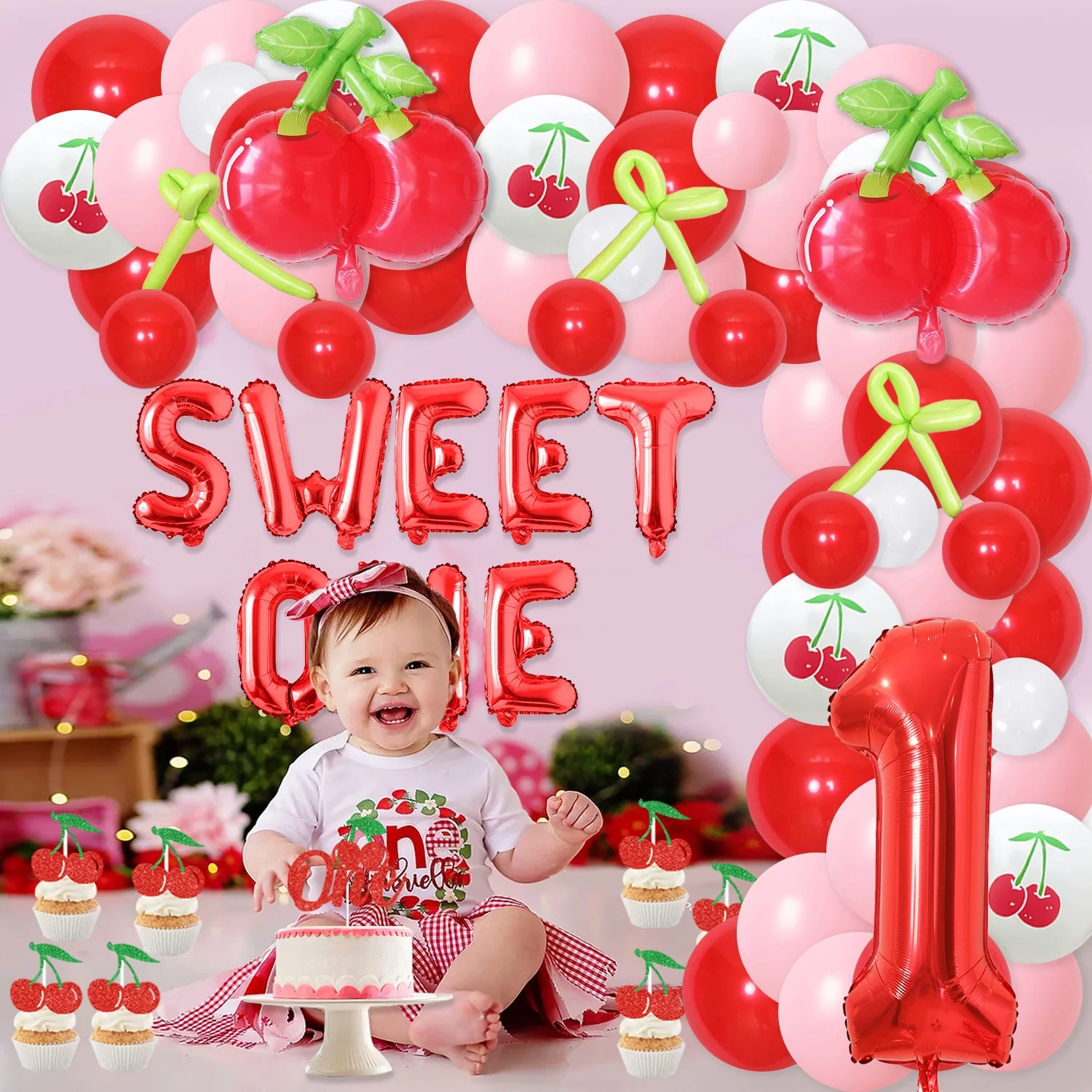 Cherry Theme Birthday Party Supplies, Cherry Sweet One 1st Birthday Party Decorations with Cherry Garland Banner Balloons Set for Girl Cherry Berry First Birthday Party Supplies