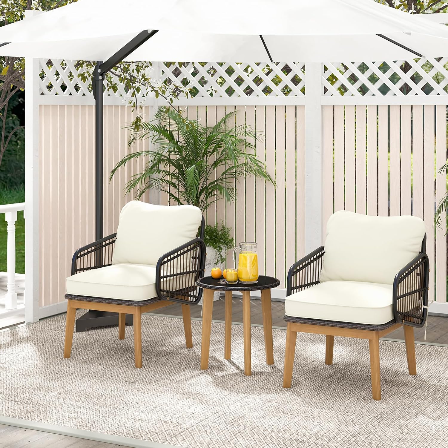 Dina 3 Piece Patio Chair Set  Wicker Chair & Side Table Set with Soft Cushions & Tempered Glass Tabletop  Solid Wood Support  Outdoor Rattan Furniture Set for Porch  Backyard  Poo