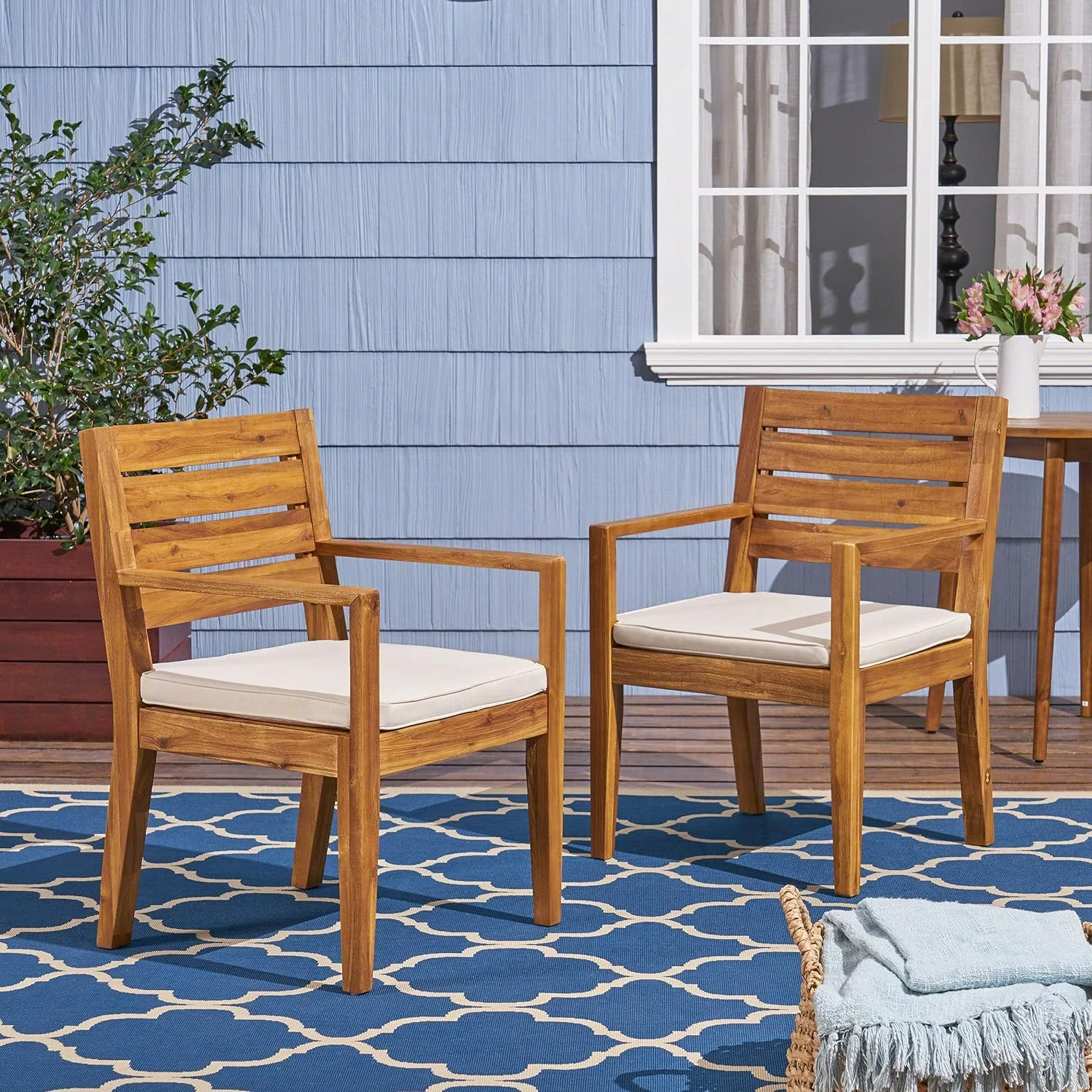 Arely Outdoor Acacia Wood Dining Chairs, Sandblast Natural And Cream (Set Of 2)