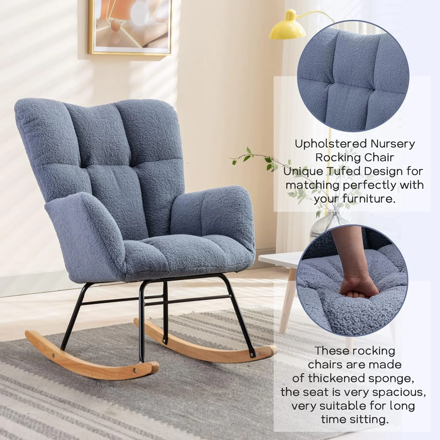 CLKHGFAR Modern Nursery Rocking Chair  Upholstered Glider Chair with High Backrest  Rocker  Armchair with Solid Wood Legs for Nursery Bedroom Living Room (Cream Teddy)