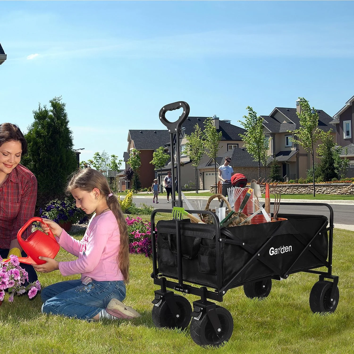 Gardzen Collapsible Wagon Cart, Garden Cart with All-Terrain Wheels, Hauls up to 180 lbs, Black