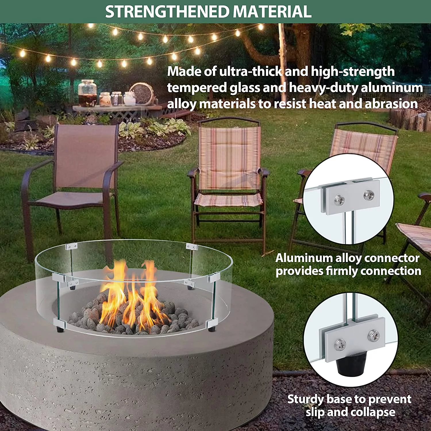 Trigoo Round Fire Pit Wind Guard 24 x 24 x 6 Inch Tempered Glass Frame Fence