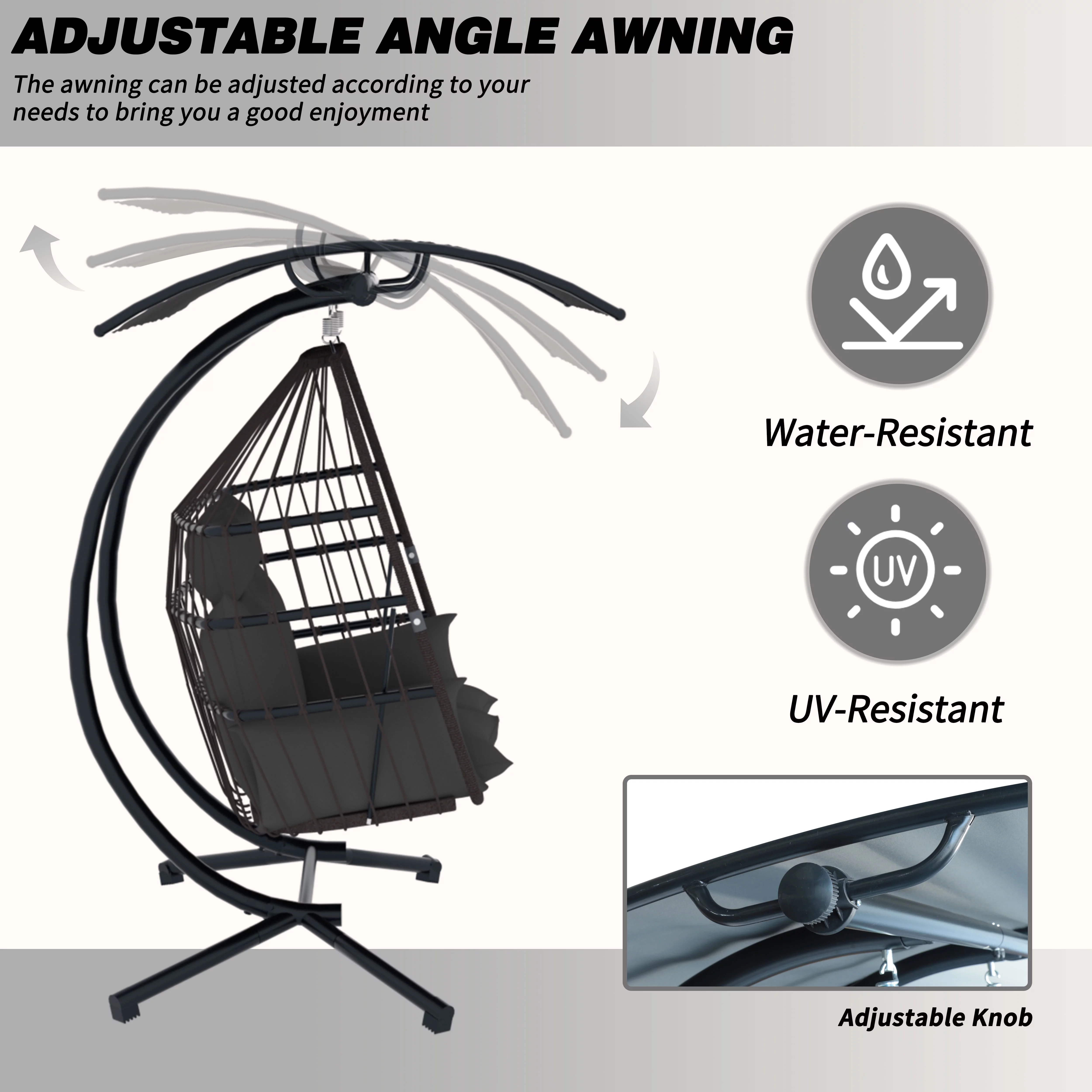 VEIKOUS 2-Seat Large Wicker Swing Egg Chair w/ Adjustable Canopy, Stand and Attachable Cushions, Grey