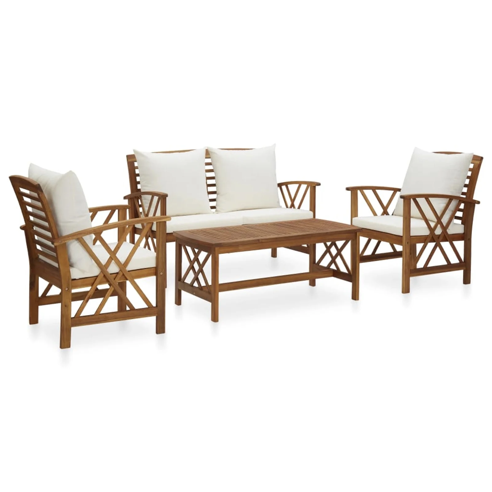 Anself 4 Piece Patio  Set with Cream White Cushions Acacia Wood 2 Garden Chairs with Bench and Coffee Table  Conversation Set for Garden, Lawn, Courtyard