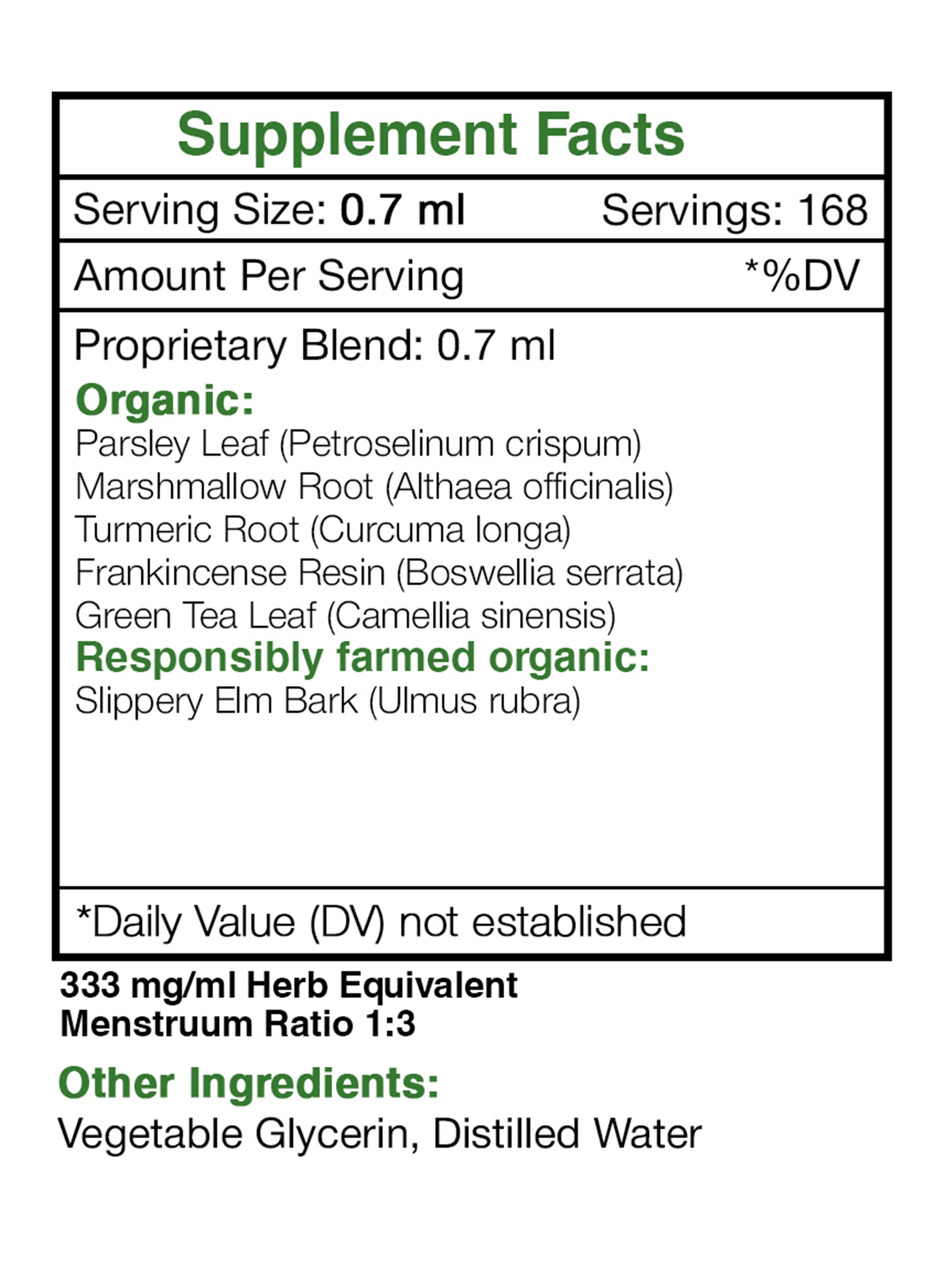 Tribal Crohn's Alcohol-FREE Extract, Tincture, Glycerite Slippery Elm, Parsley, Marshmallow, Turmeric, Frankincense, Green Tea. Gut and Bowel Formula 4 oz